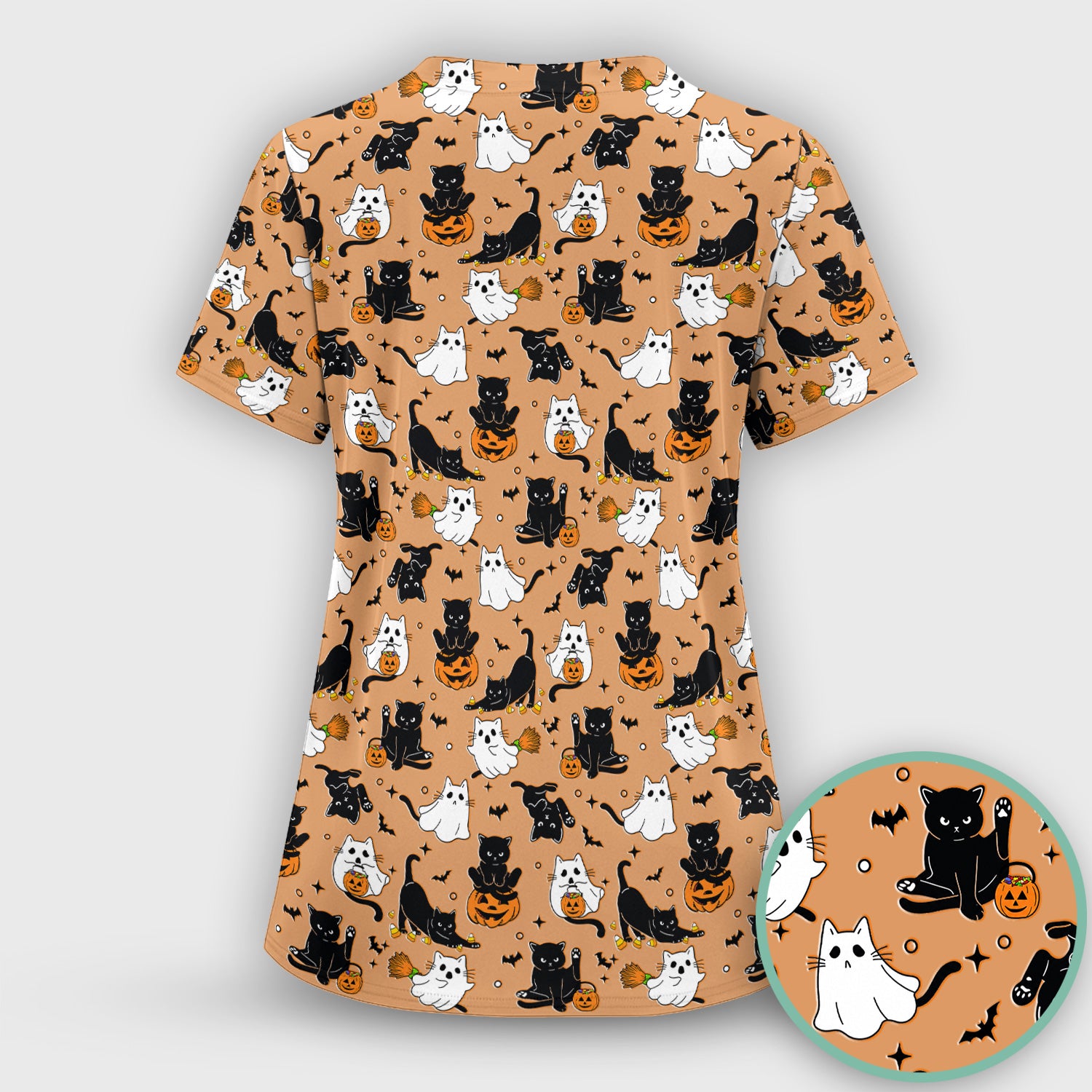 Halloween Cat Ghost Pumpkin Pattern Scrub Set, Scrub Pants and V Neck Top