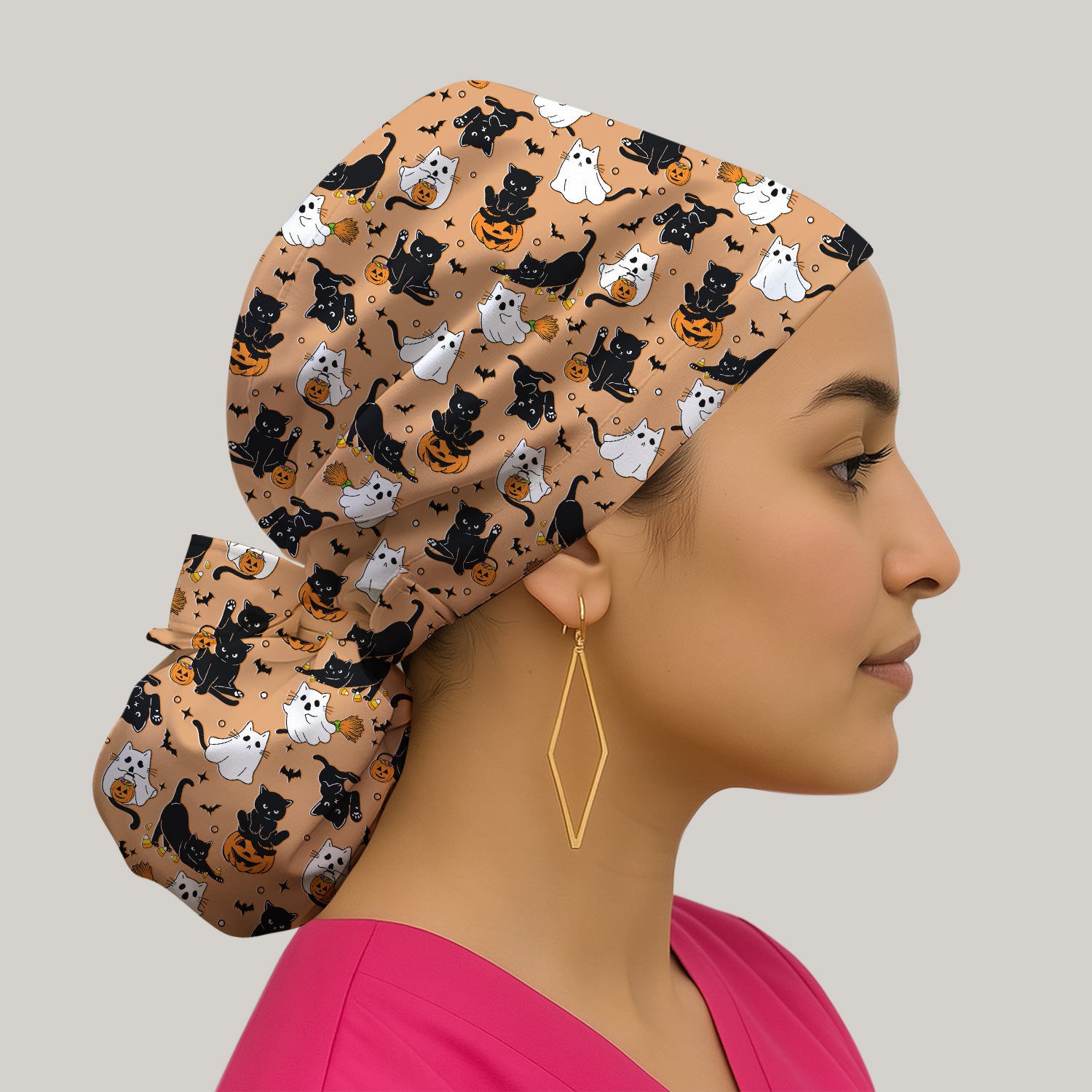Halloween Cat Ghost Pumpkin Pattern Scrub Cap, Surgical Caps for Doctors