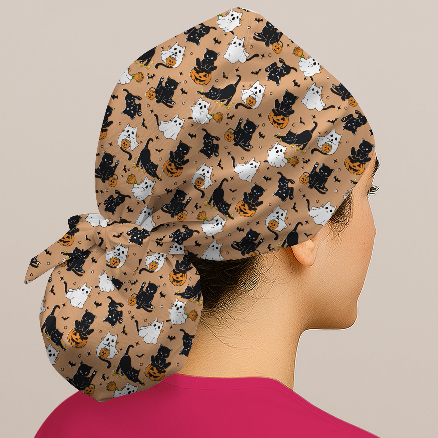 Halloween Cat Ghost Pumpkin Pattern Scrub Cap, Surgical Caps for Doctors