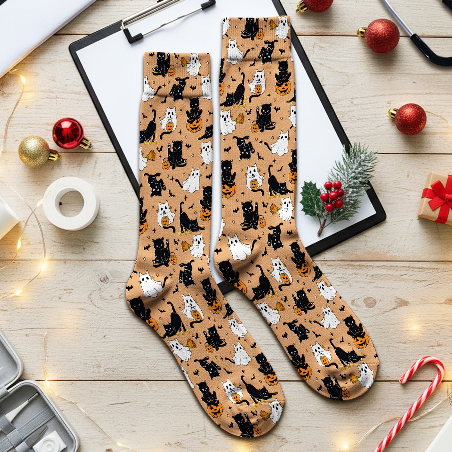Halloween Cat Ghost Pumpkin Pattern Socks, Adult Socks for Men and Women