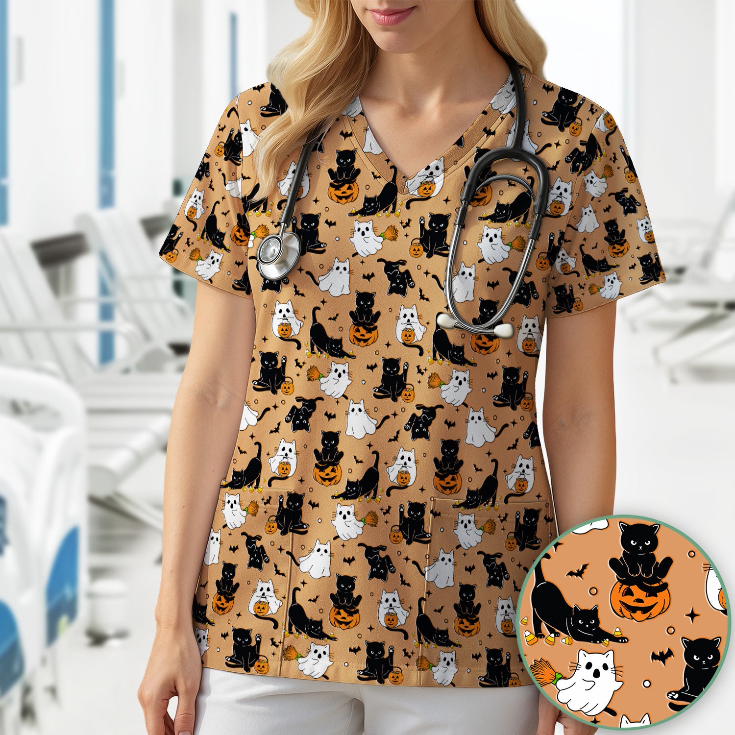 Halloween Cat Ghost Pumpkin Pattern Scrub Top, Comfortable Scrubs for Nurses