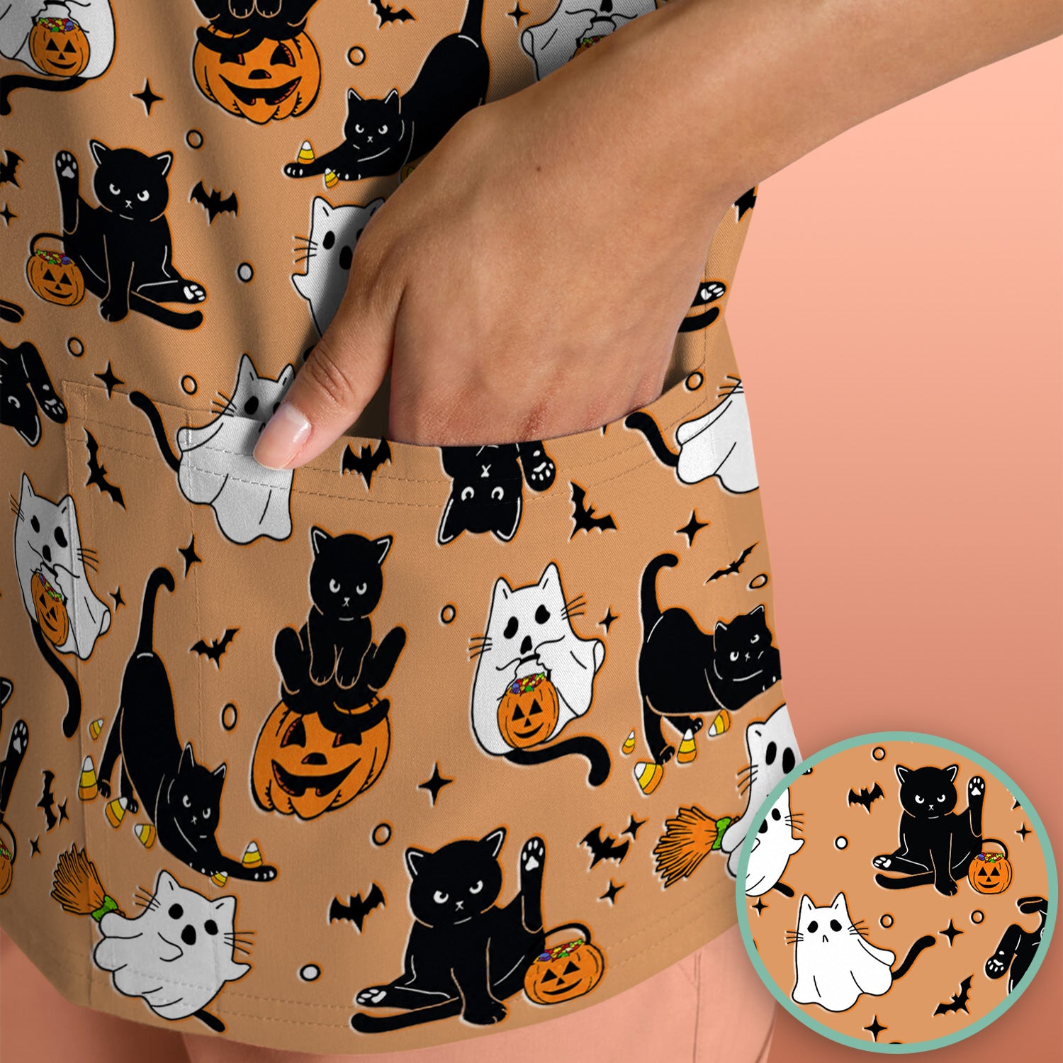 Halloween Cat Ghost Pumpkin Pattern Scrub Top, Comfortable Scrubs for Nurses