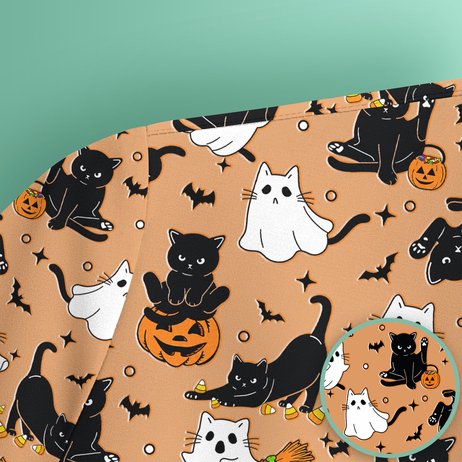 Halloween Cat Ghost Pumpkin Pattern Scrub Top, Comfortable Scrubs for Nurses
