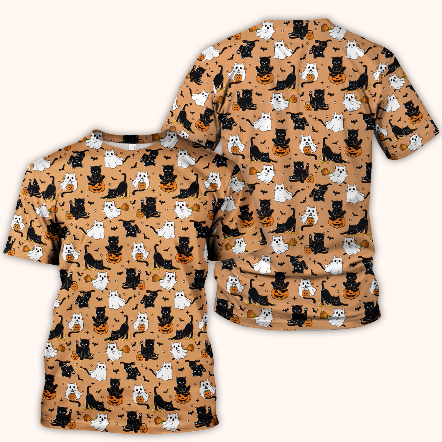 Halloween Cat Ghost Pumpkin Pattern Scrub Top, Comfortable Scrubs for Nurses