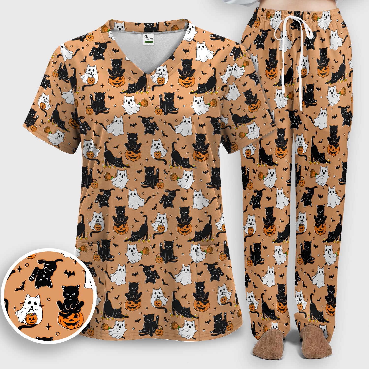 Halloween Cat Ghost Pumpkin Pattern Scrub Set, Scrub Pants and V Neck Top