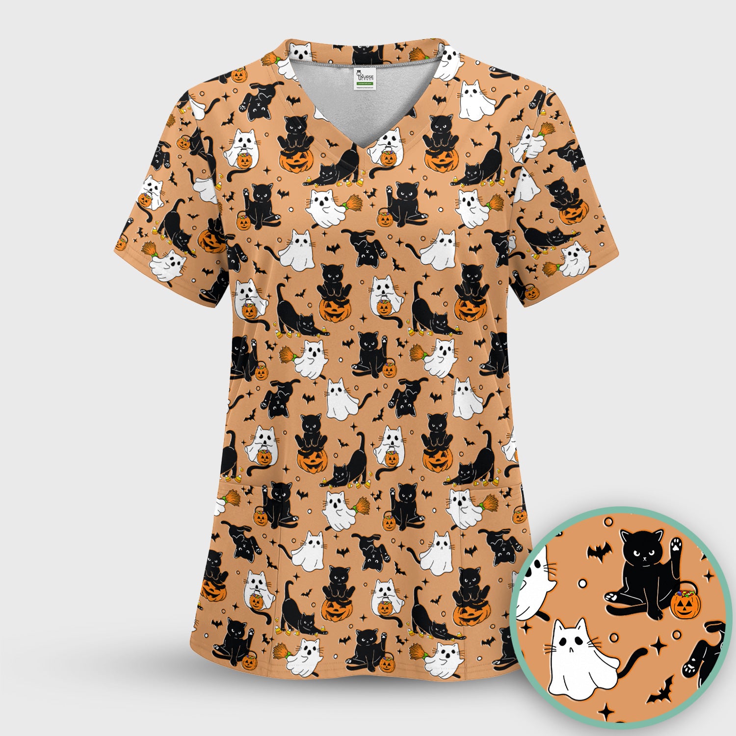 Halloween Cat Ghost Pumpkin Pattern Scrub Set, Scrub Pants and V Neck Top
