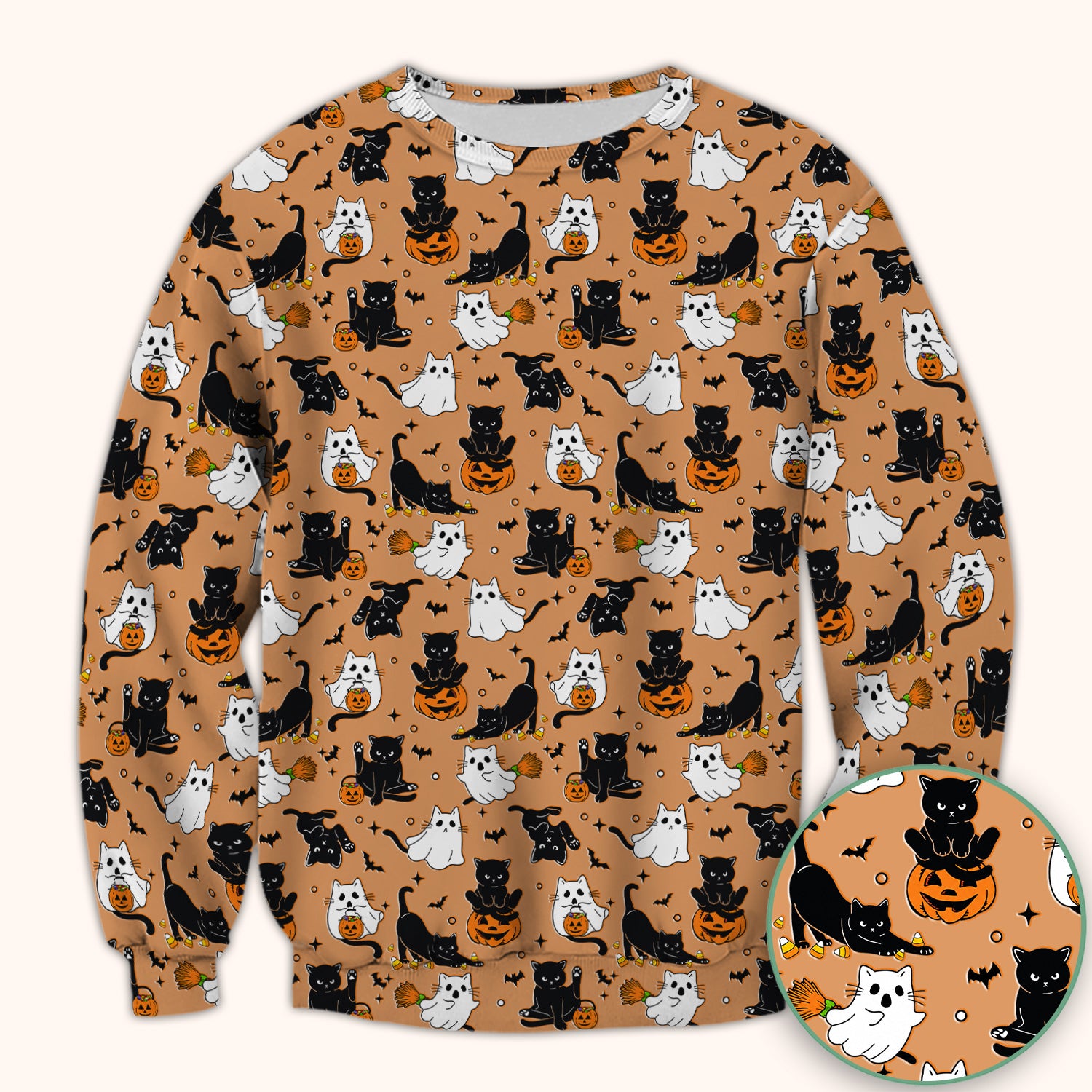 Halloween Cat Ghost Pumpkin Pattern Scrub Top, Comfortable Scrubs for Nurses