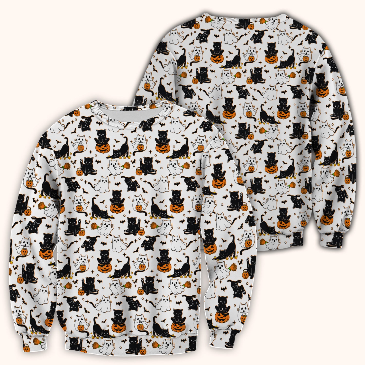 Halloween Cat Ghost Pumpkin Pattern Scrub Top, Comfortable Scrubs for Nurses