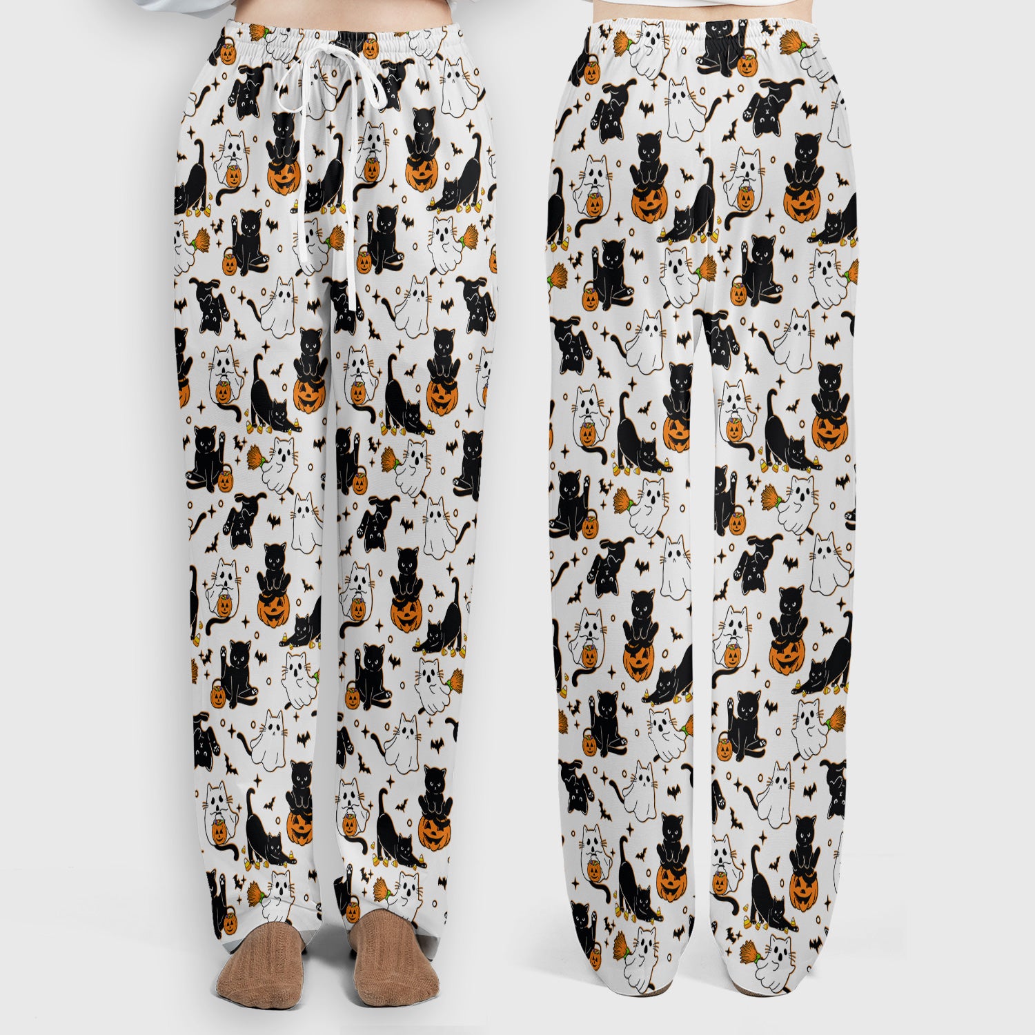 Halloween Cat Ghost Pumpkin Pattern Scrub Set, Scrub Pants and V Neck Top