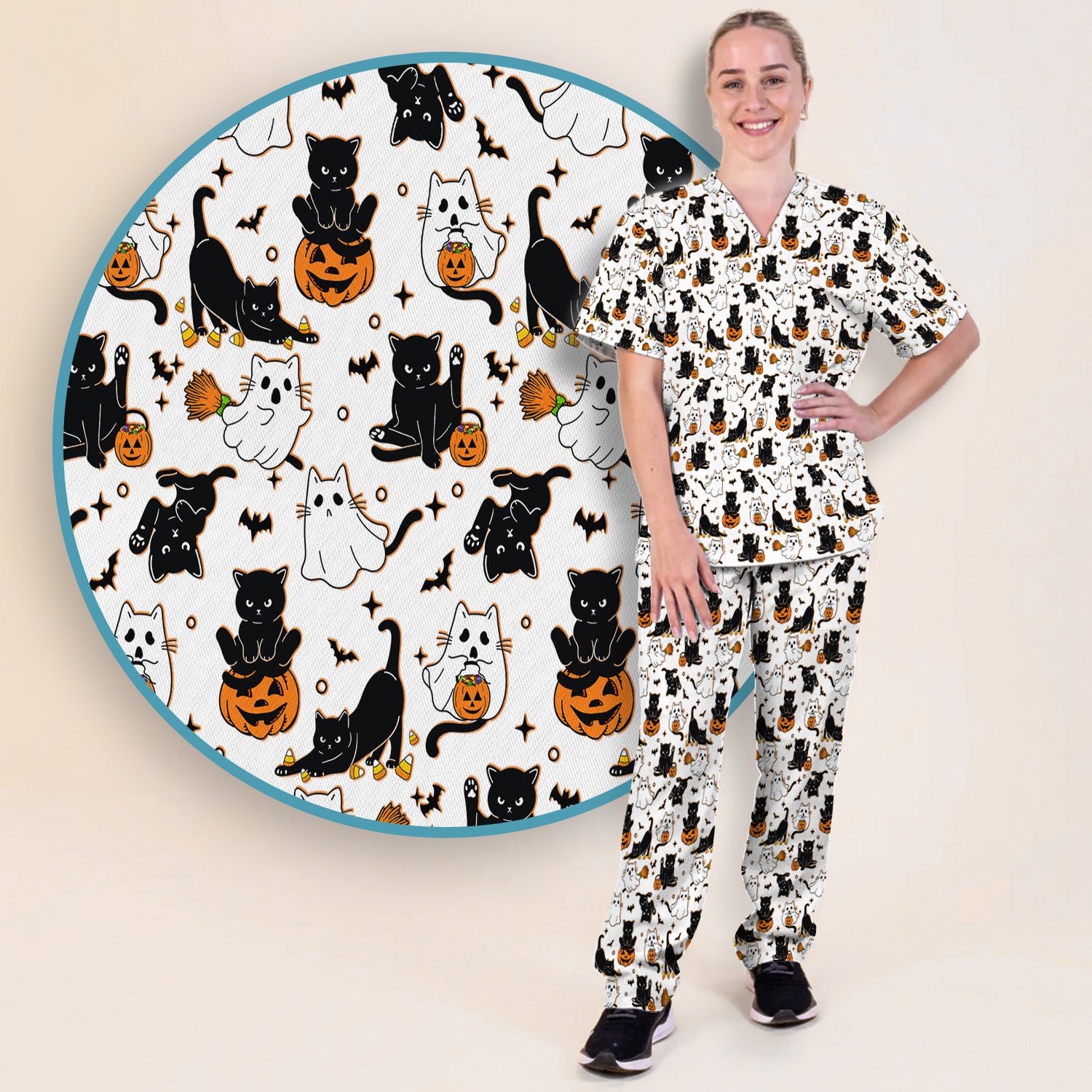 Halloween Cat Ghost Pumpkin Pattern Scrub Set, Scrub Pants and V Neck Top