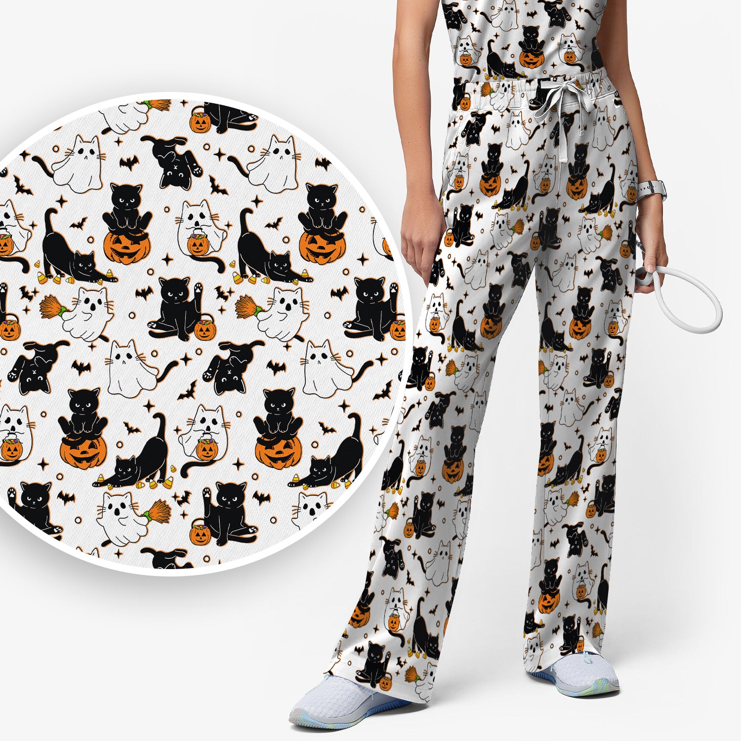Halloween Cat Ghost Pumpkin Pattern Scrub Set, Scrub Pants and V Neck Top
