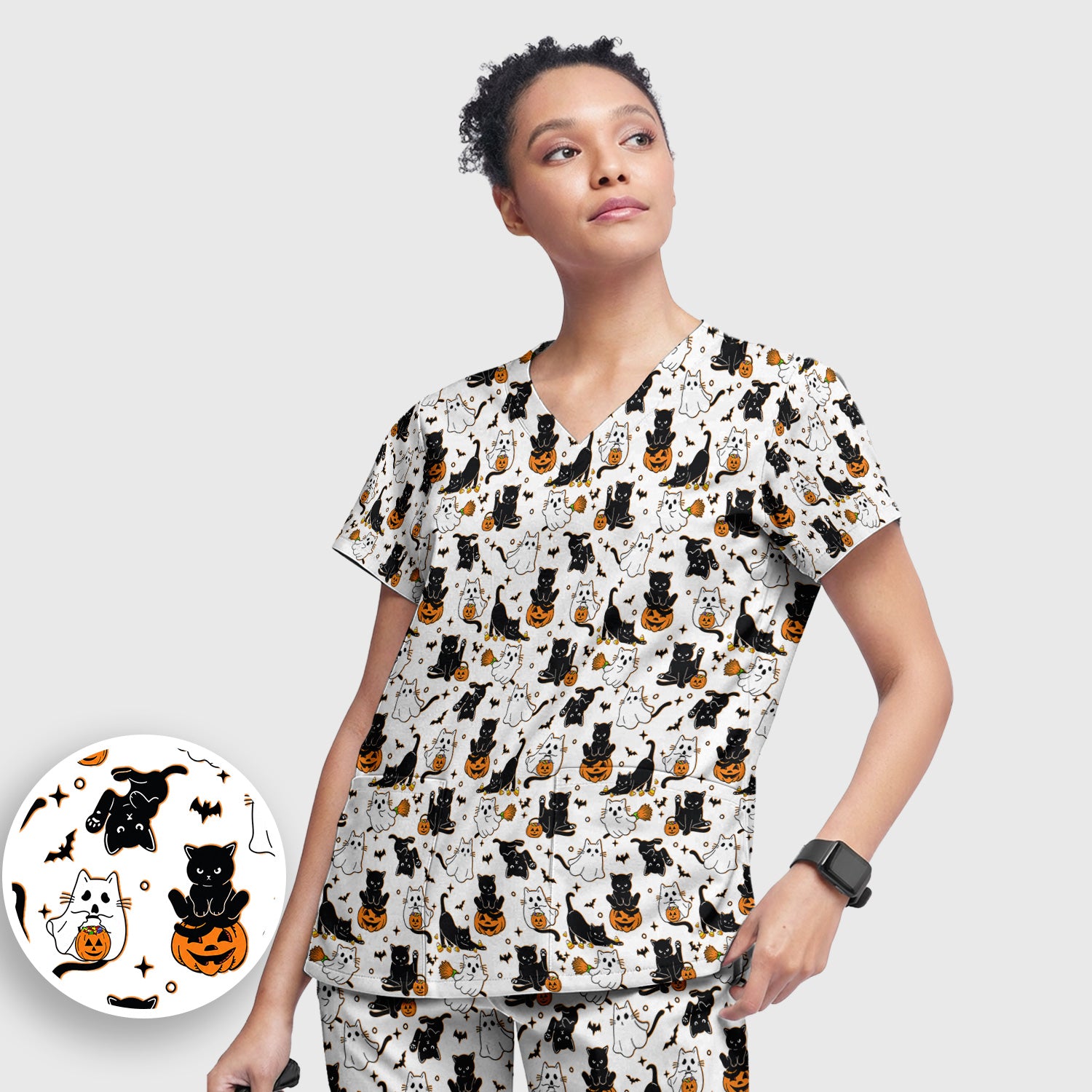 Halloween Cat Ghost Pumpkin Pattern Scrub Set, Scrub Pants and V Neck Top