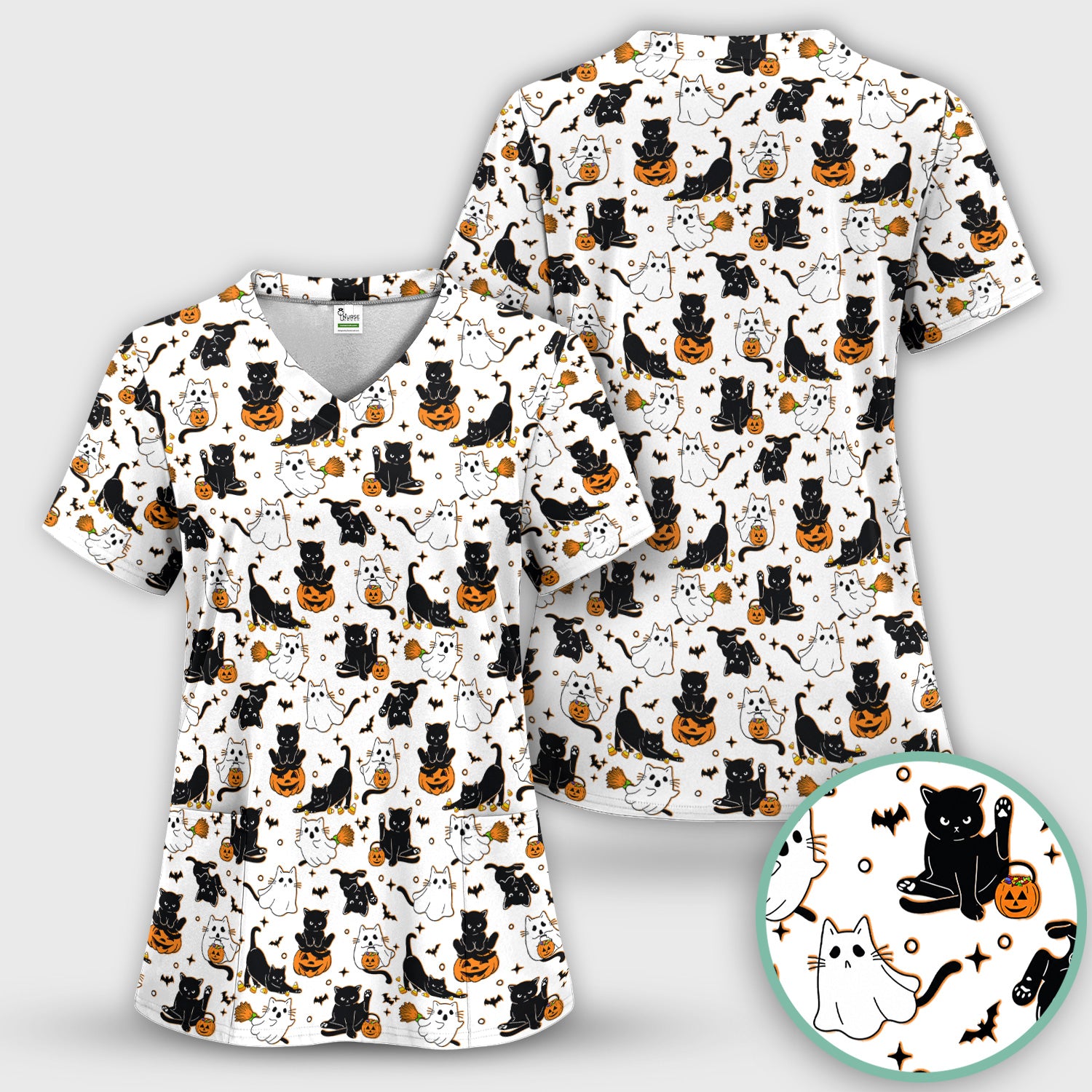 Halloween Cat Ghost Pumpkin Pattern Scrub Set, Scrub Pants and V Neck Top