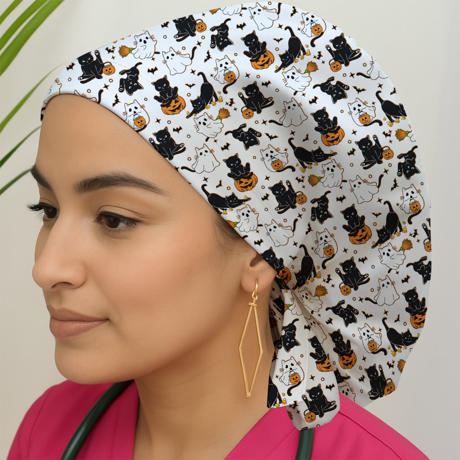 Halloween Cat Ghost Pumpkin Pattern Scrub Cap, Surgical Caps for Doctors