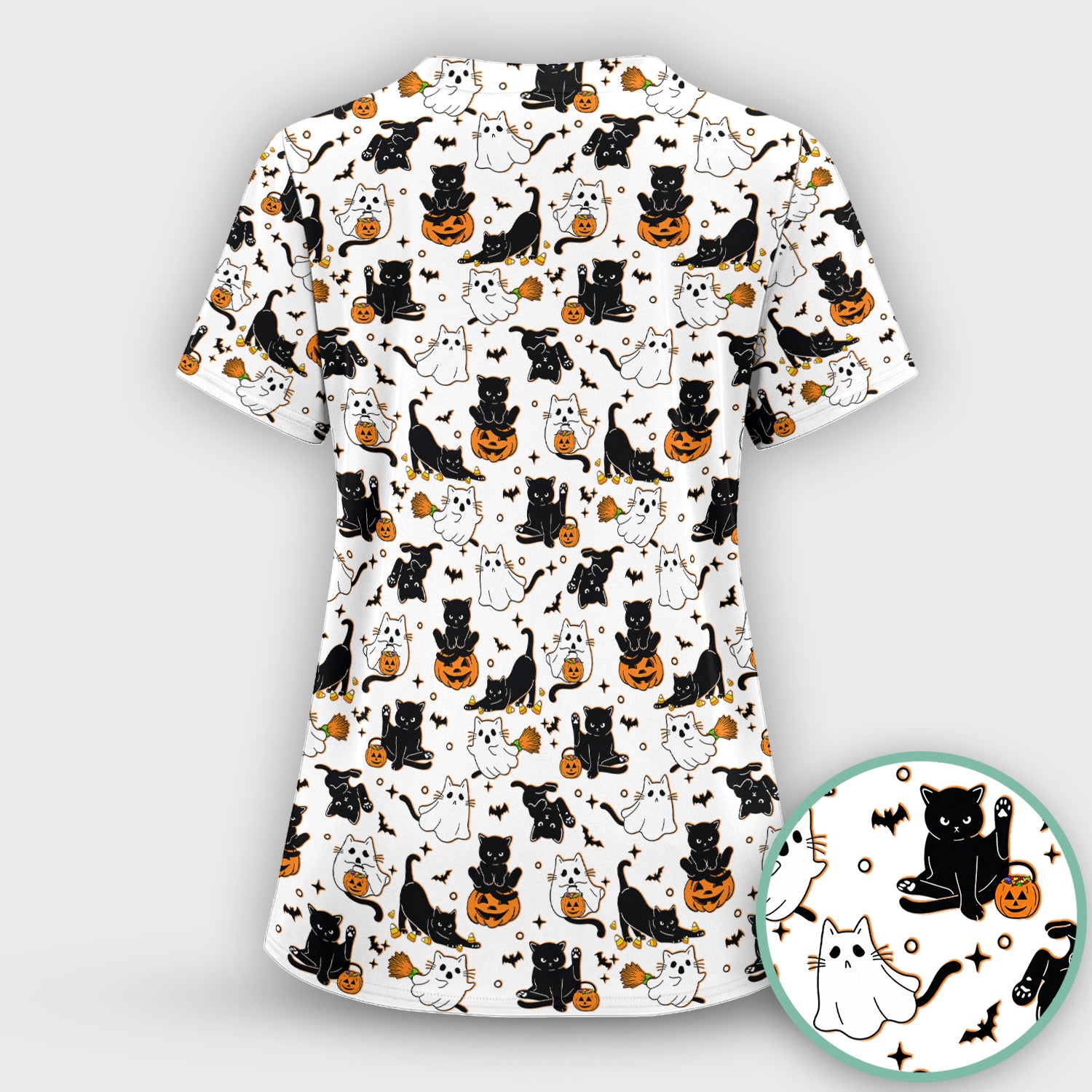 Halloween Cat Ghost Pumpkin Pattern Scrub Set, Scrub Pants and V Neck Top