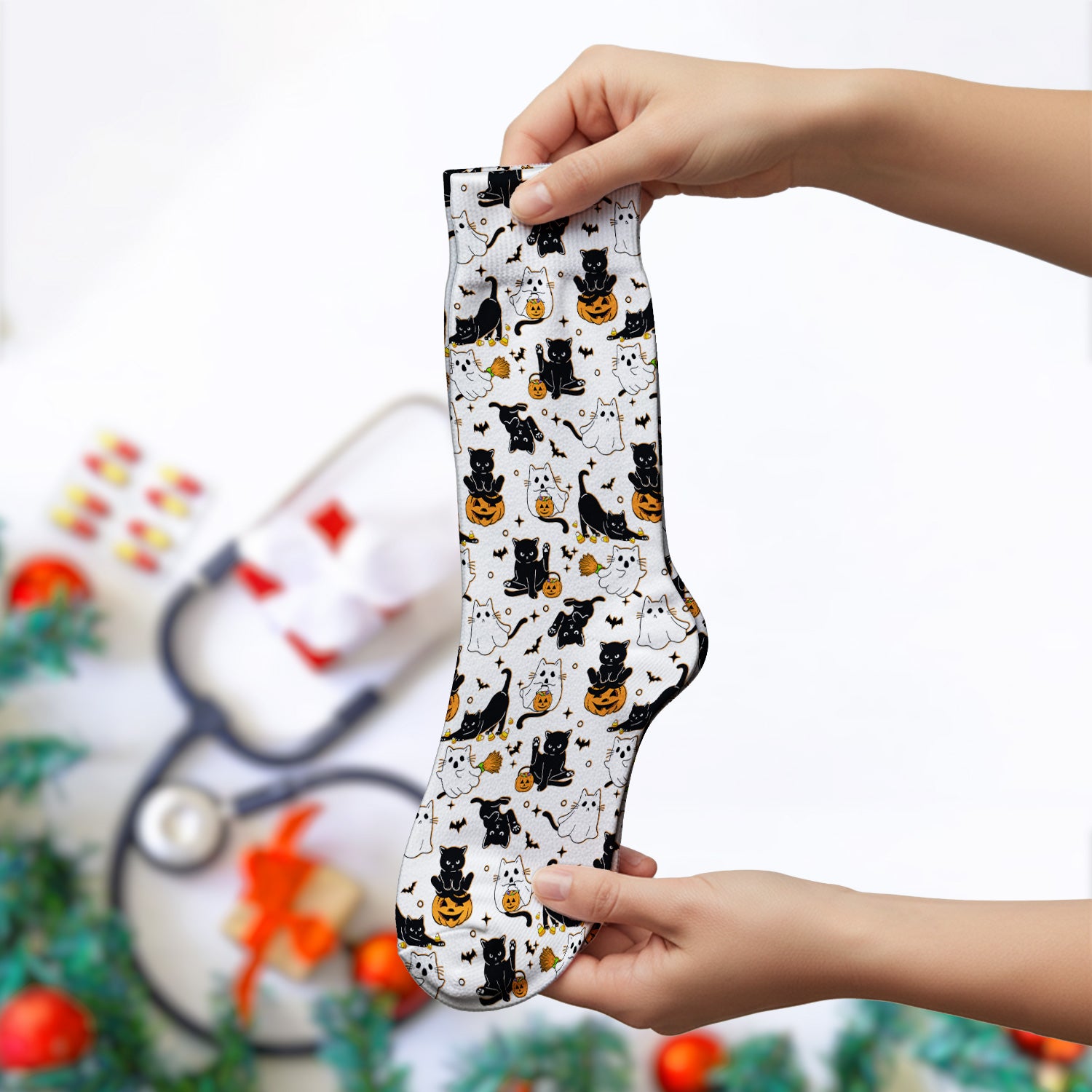 Halloween Cat Ghost Pumpkin Pattern Socks, Adult Socks for Men and Women