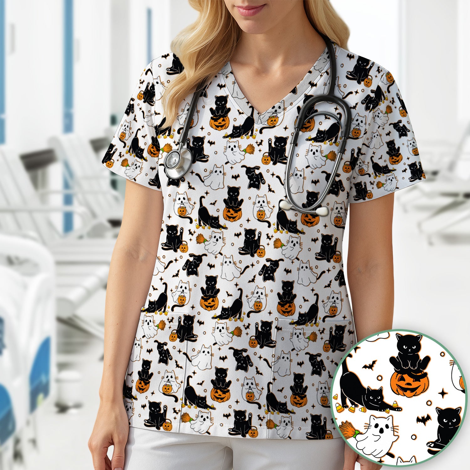 Halloween Cat Ghost Pumpkin Pattern Scrub Top, Comfortable Scrubs for Nurses