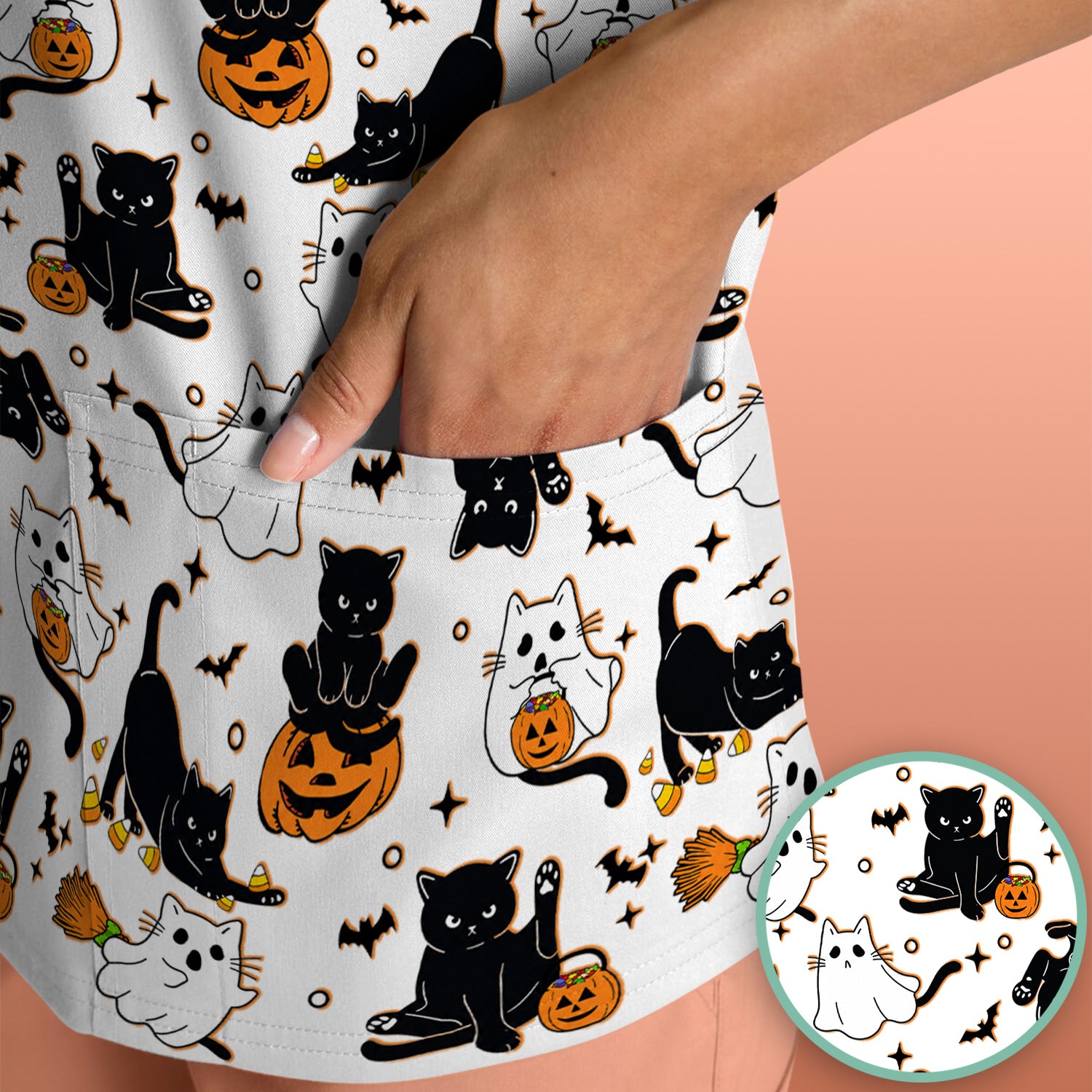 Halloween Cat Ghost Pumpkin Pattern Scrub Top, Comfortable Scrubs for Nurses
