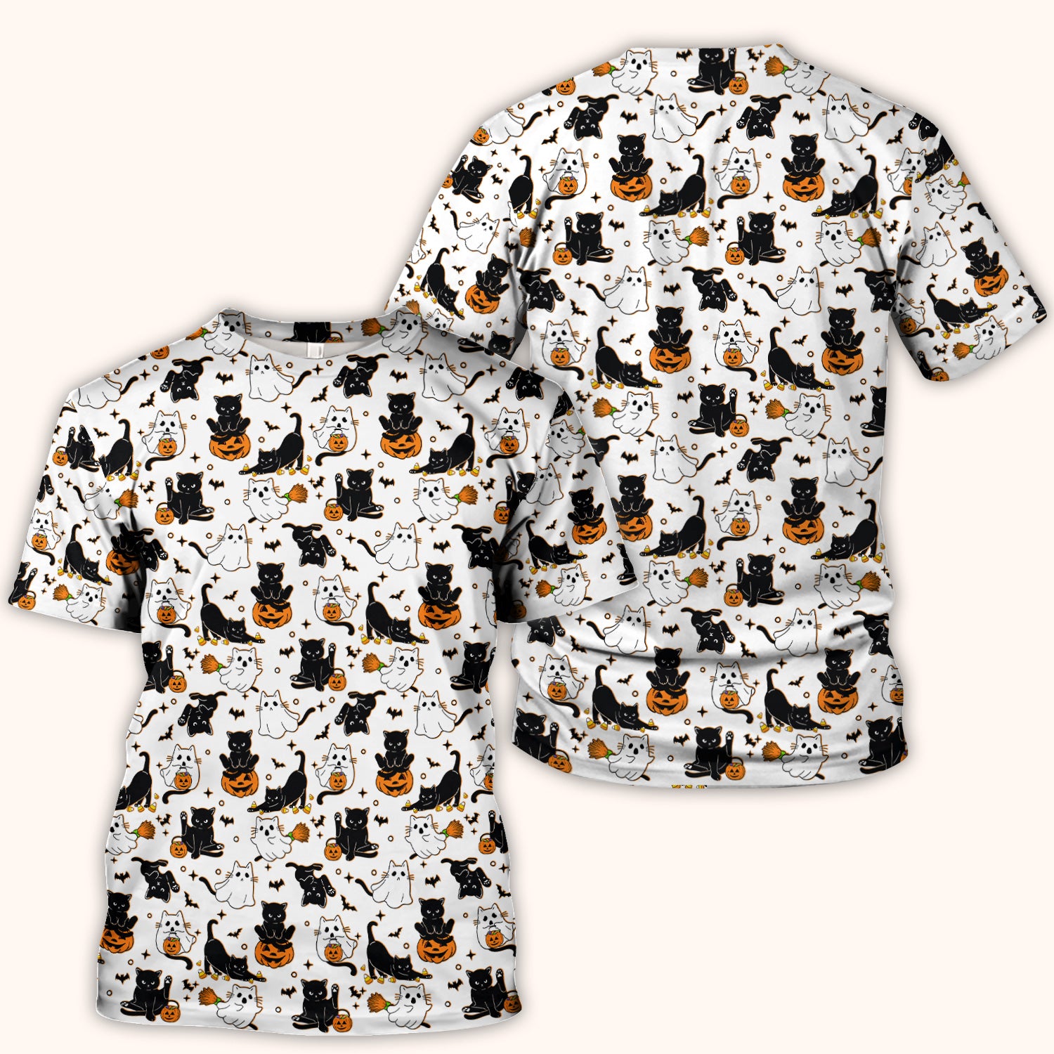Halloween Cat Ghost Pumpkin Pattern Scrub Top, Comfortable Scrubs for Nurses