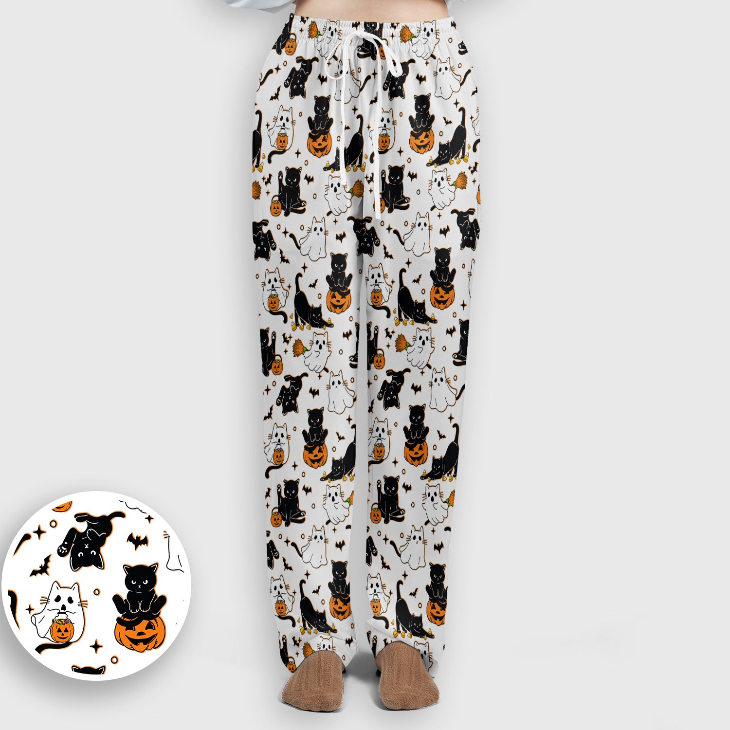 Halloween Cat Ghost Pumpkin Pattern Scrub Set, Scrub Pants and V Neck Top