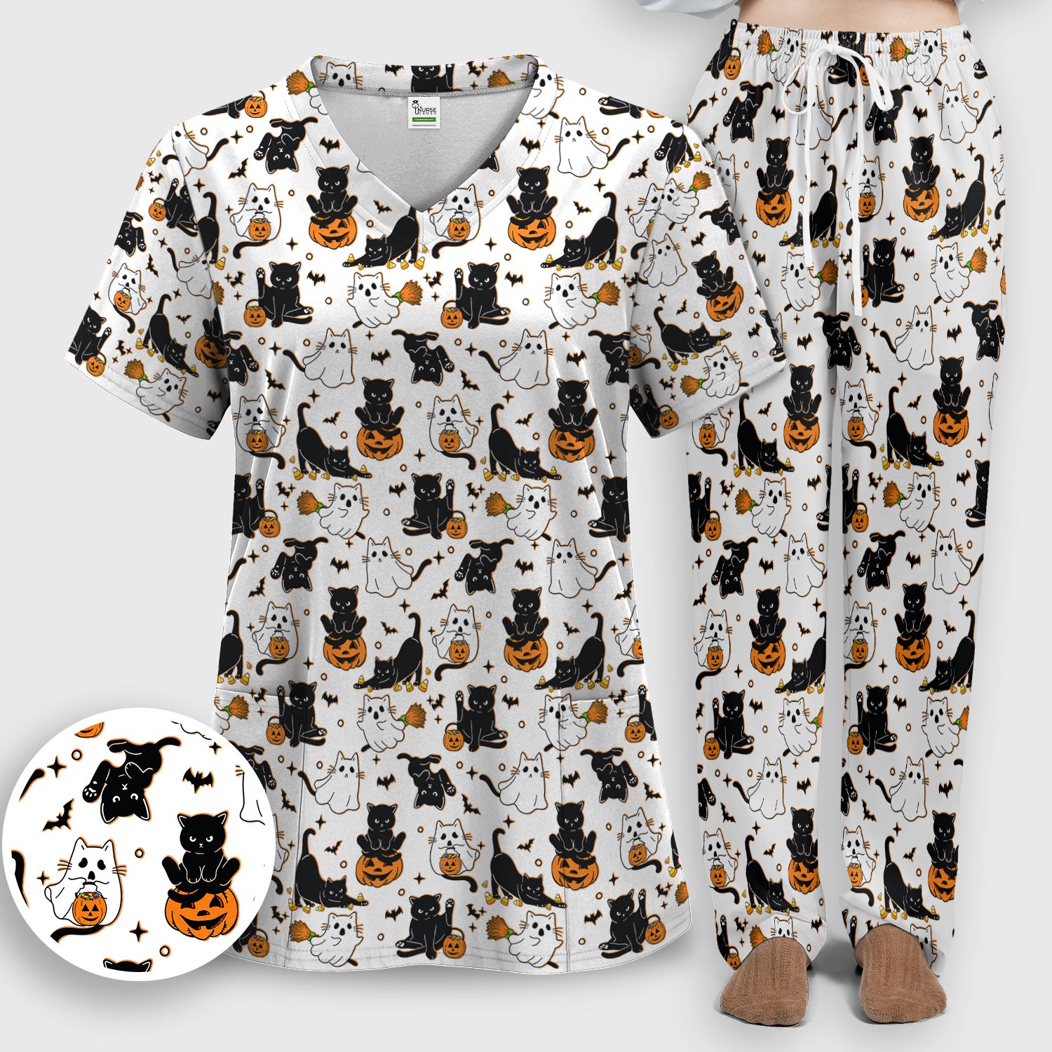 Halloween Cat Ghost Pumpkin Pattern Scrub Set, Scrub Pants and V Neck Top