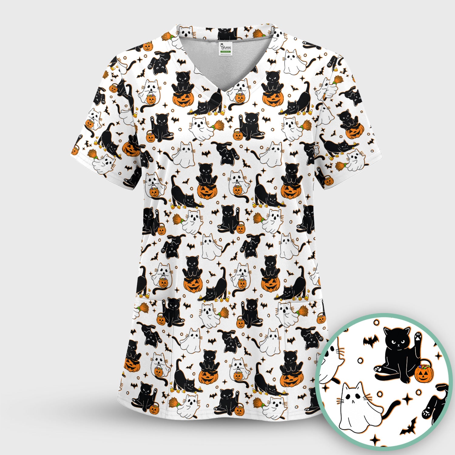 Halloween Cat Ghost Pumpkin Pattern Scrub Set, Scrub Pants and V Neck Top