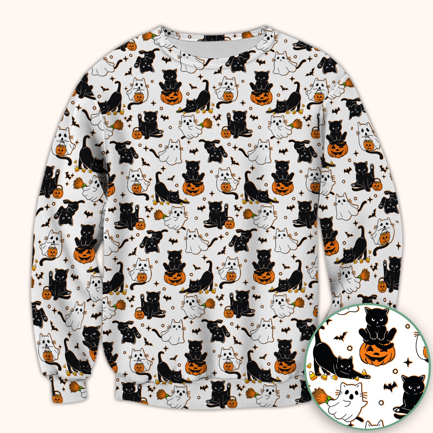 Halloween Cat Ghost Pumpkin Pattern Scrub Top, Comfortable Scrubs for Nurses