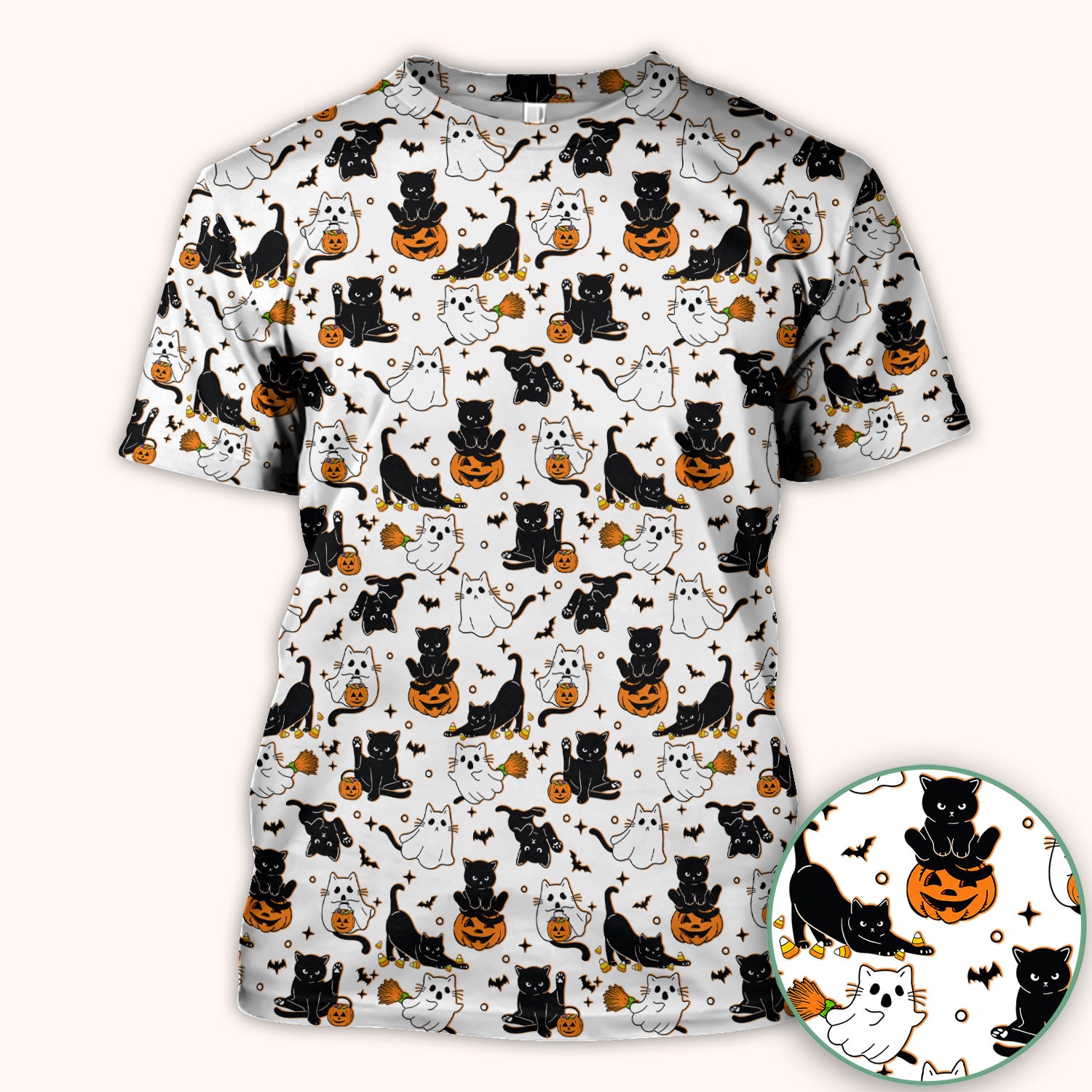 Halloween Cat Ghost Pumpkin Pattern Scrub Top, Comfortable Scrubs for Nurses