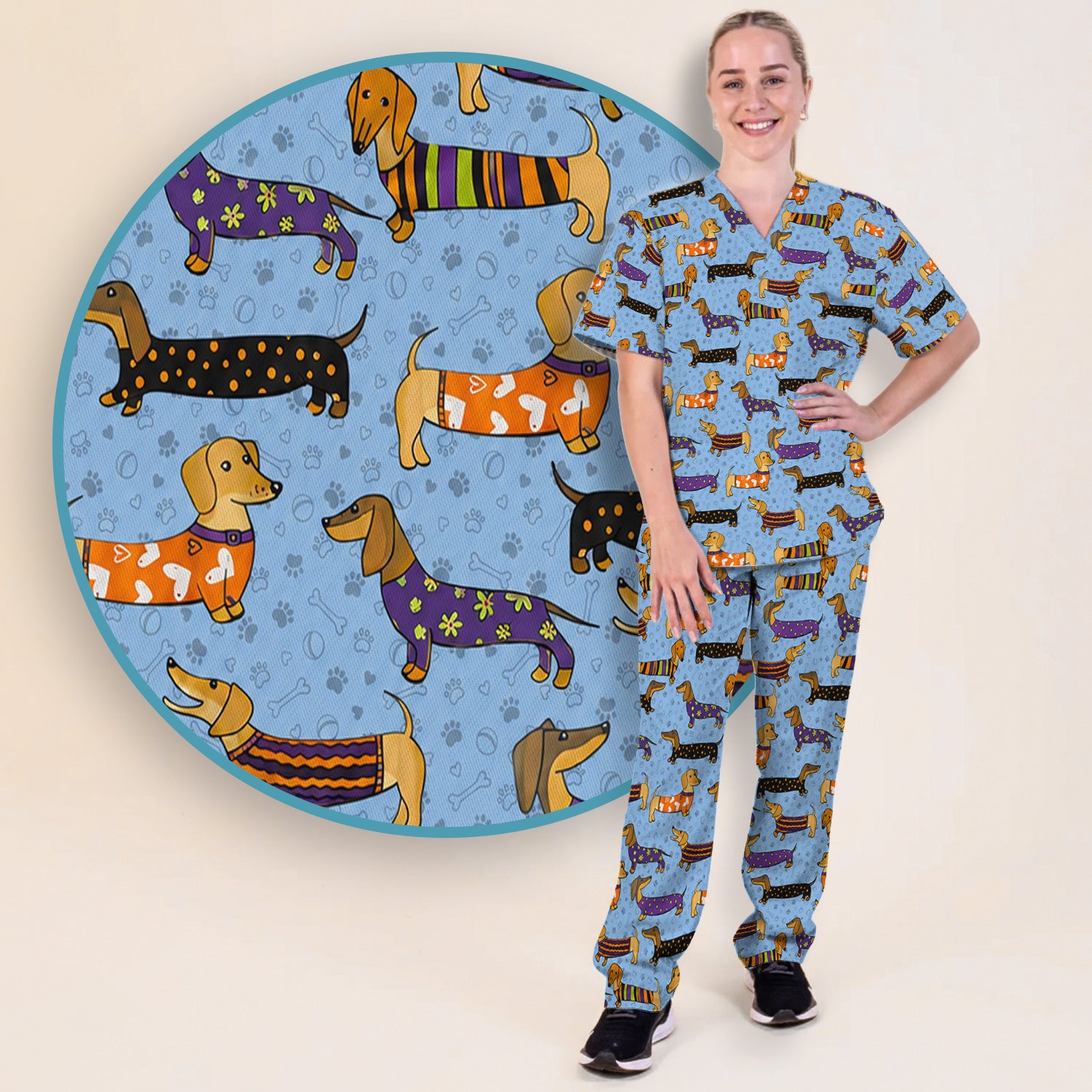 Dachshund with Dog Lover Paw Print Scrub Set, Scrub Pants and V Neck Top