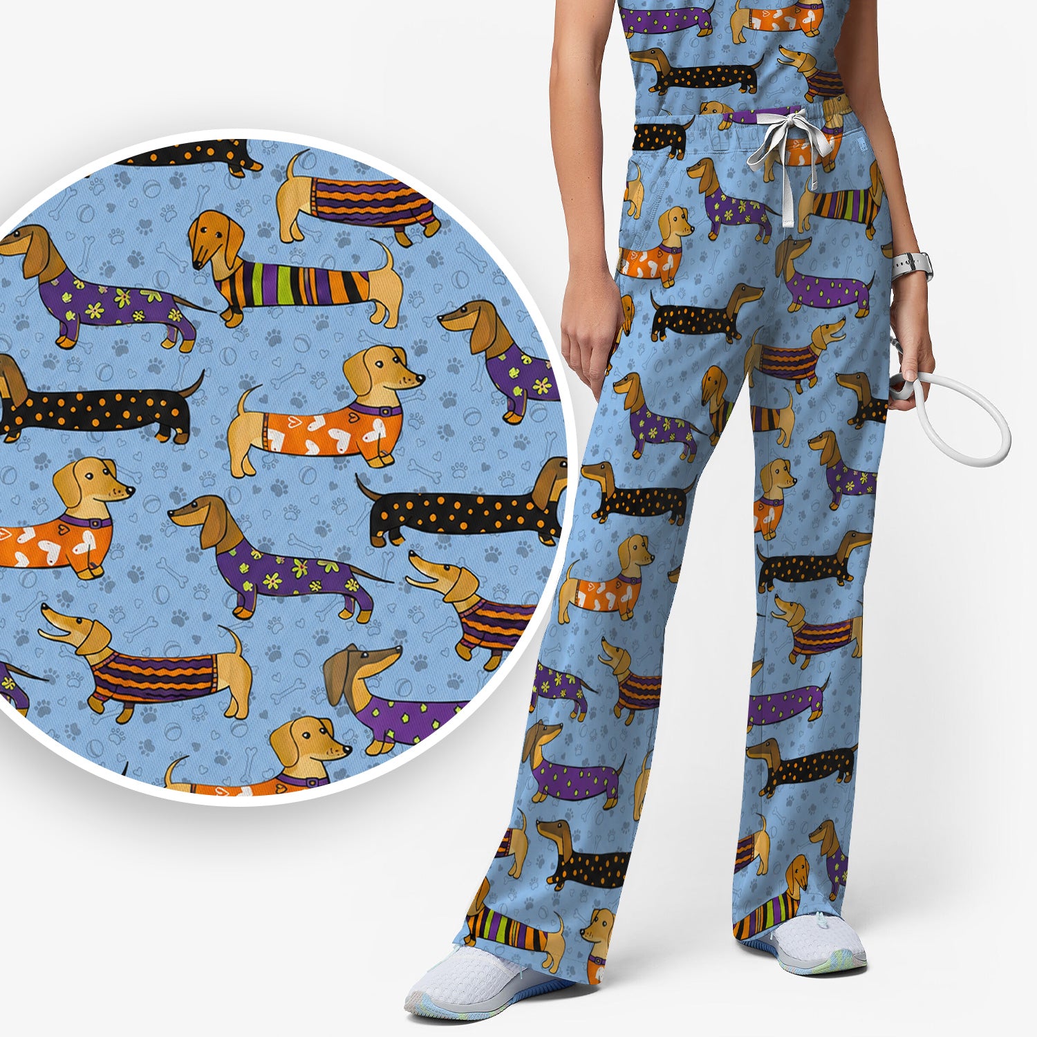 Dachshund with Dog Lover Paw Print Scrub Set, Scrub Pants and V Neck Top