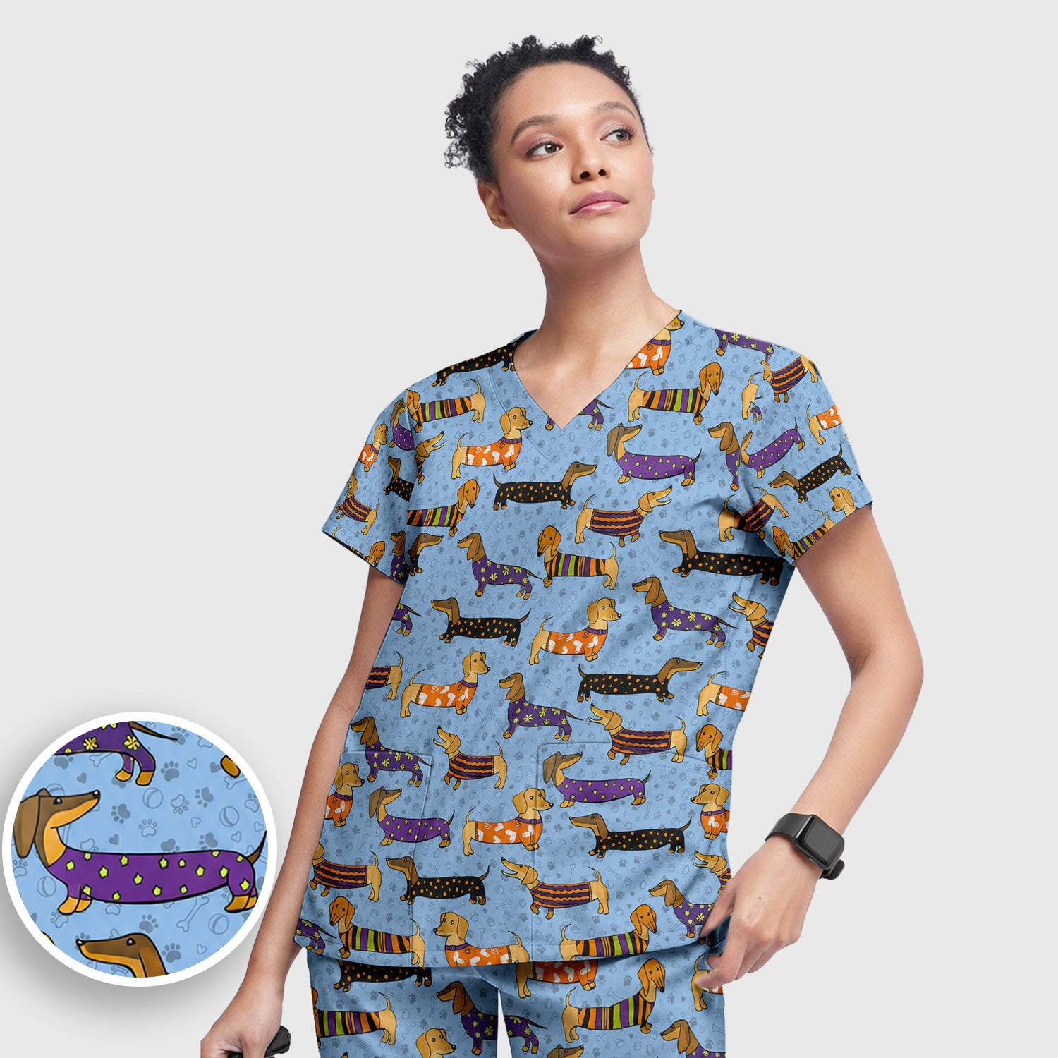 Dachshund with Dog Lover Paw Print Scrub Set, Scrub Pants and V Neck Top