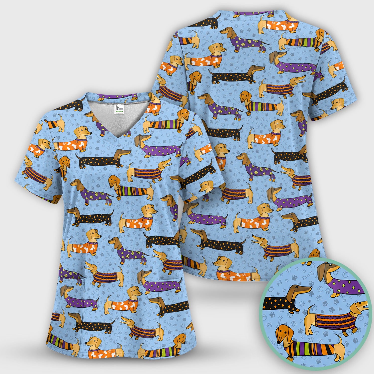 Dachshund with Dog Lover Paw Print Scrub Set, Scrub Pants and V Neck Top