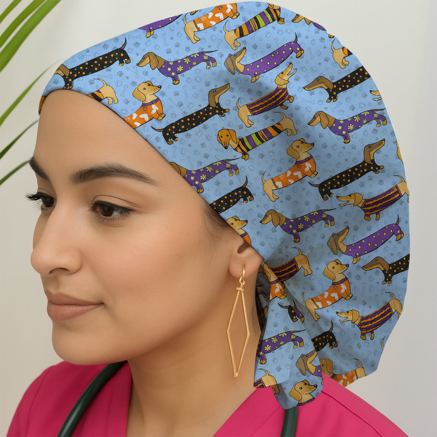 Dachshund with Dog Lover Paw Print Scrub Cap, Surgical Caps for Doctors