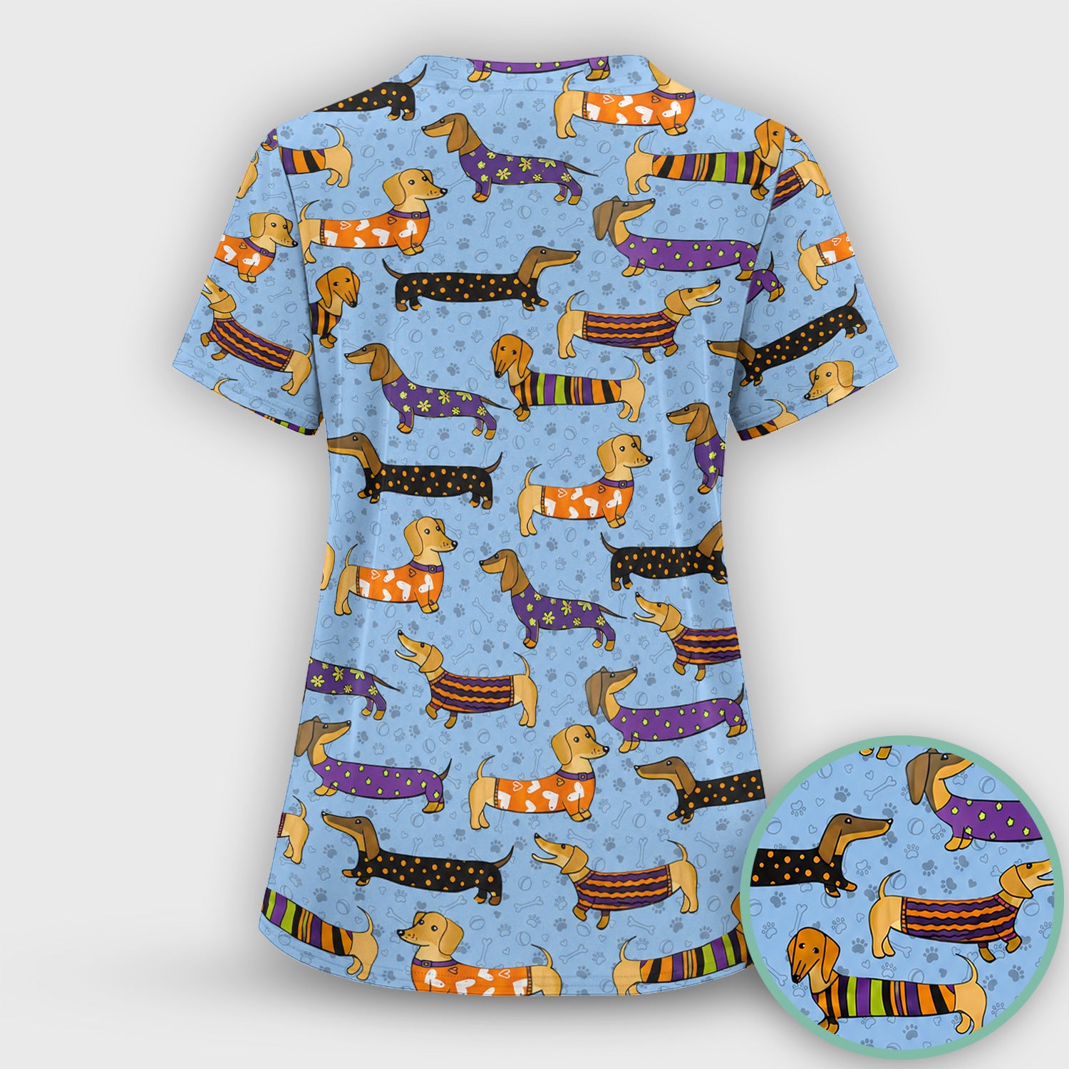 Dachshund with Dog Lover Paw Print Scrub Set, Scrub Pants and V Neck Top
