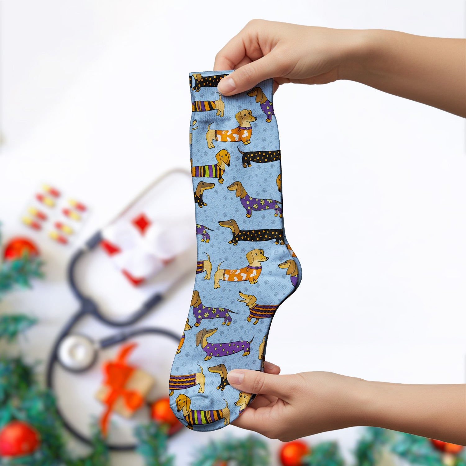 Dachshund with Dog Lover Paw Print Socks, Adult Socks for Men and Women