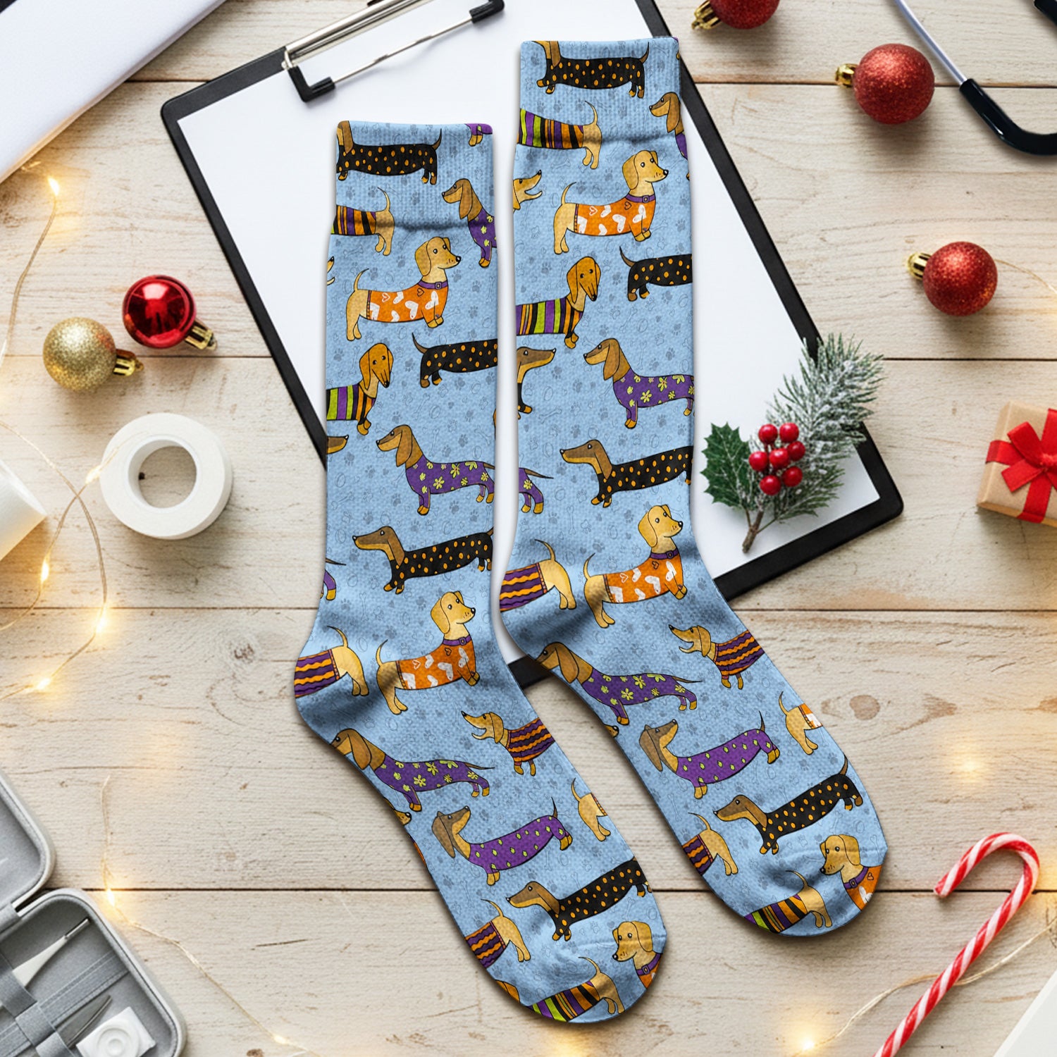 Dachshund with Dog Lover Paw Print Socks, Adult Socks for Men and Women