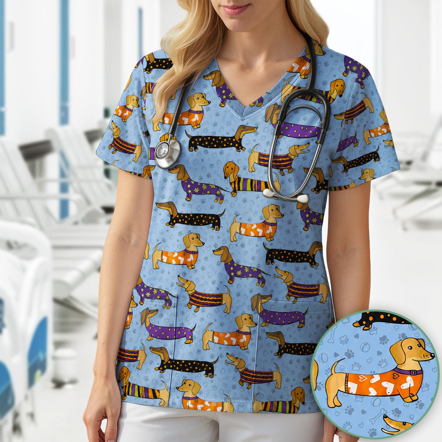 Dachshund with Dog Lover Paw Print Scrub Top, Comfortable Scrubs for Nurses