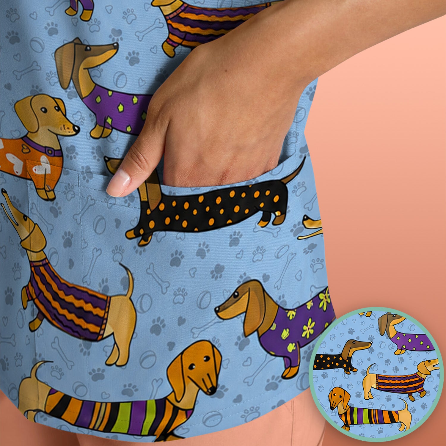 Dachshund with Dog Lover Paw Print Scrub Top, Comfortable Scrubs for Nurses