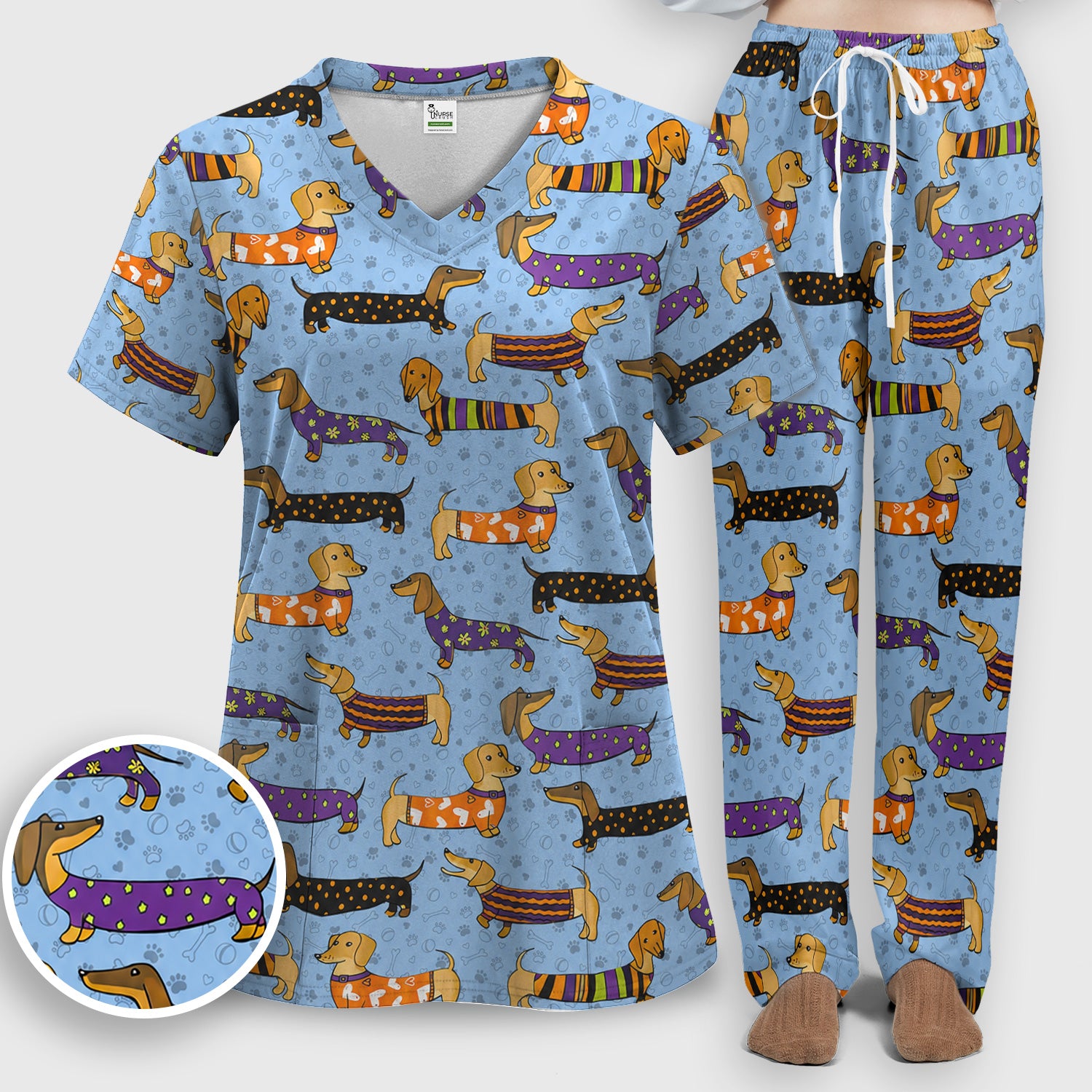 Dachshund with Dog Lover Paw Print Scrub Set, Scrub Pants and V Neck Top