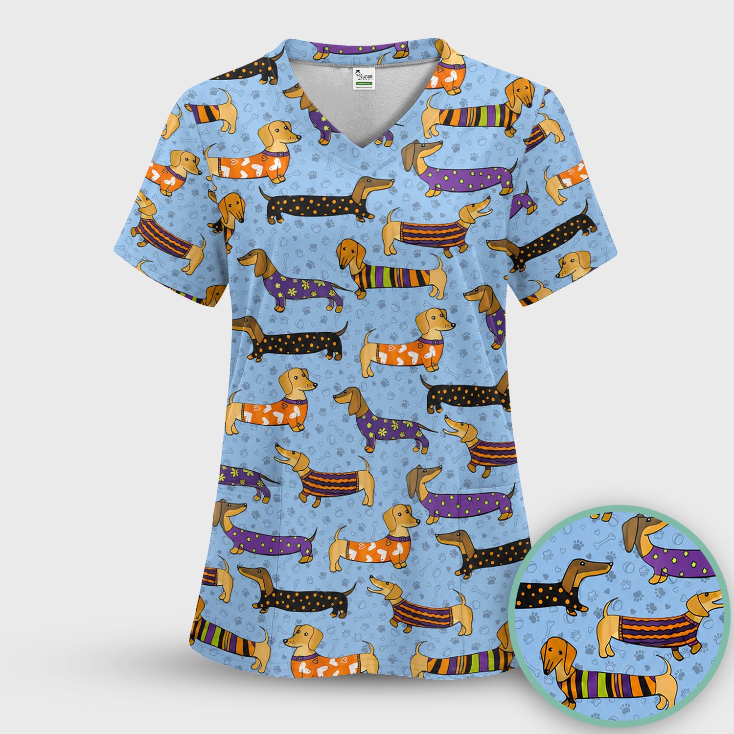Dachshund with Dog Lover Paw Print Scrub Set, Scrub Pants and V Neck Top