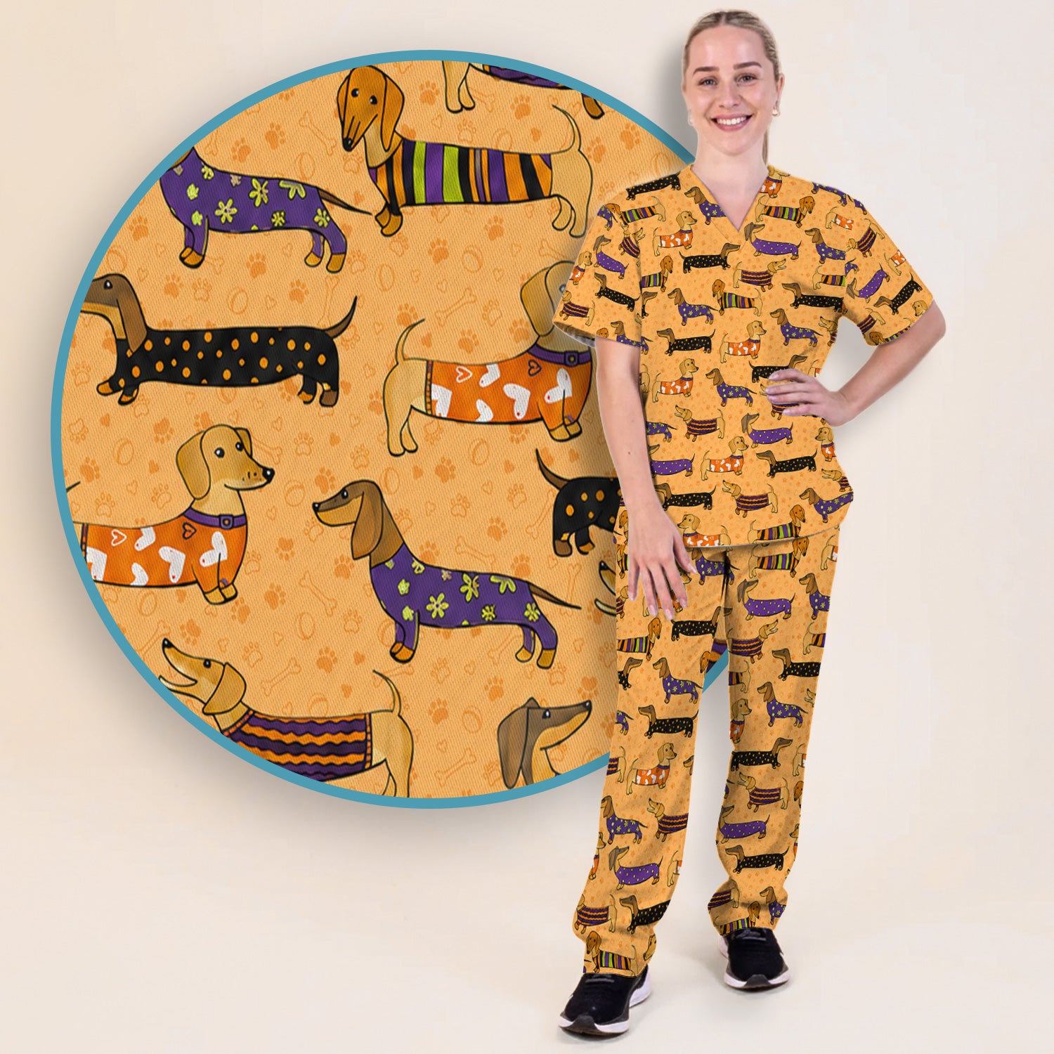 Dachshund with Dog Lover Paw Print Scrub Set, Scrub Pants and V Neck Top