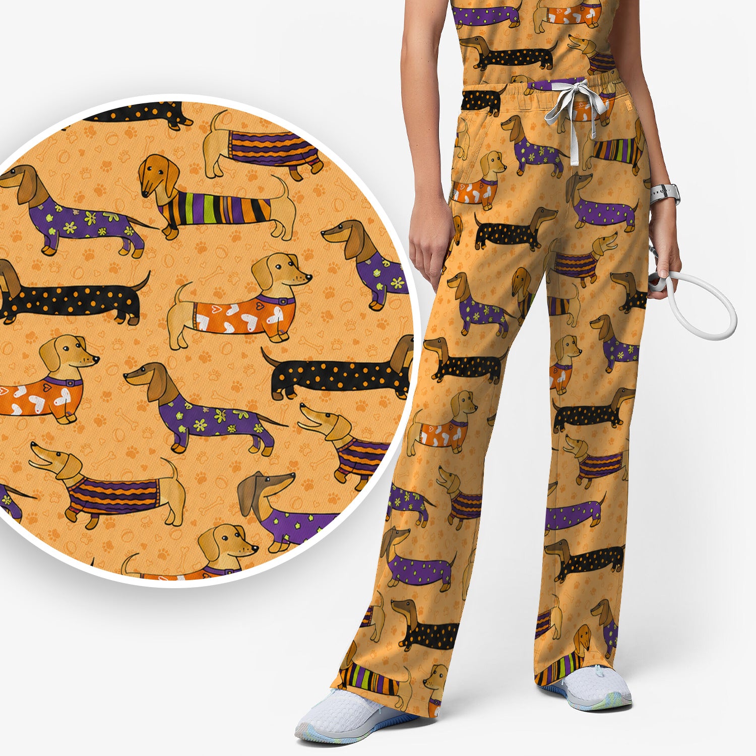 Dachshund with Dog Lover Paw Print Scrub Set, Scrub Pants and V Neck Top