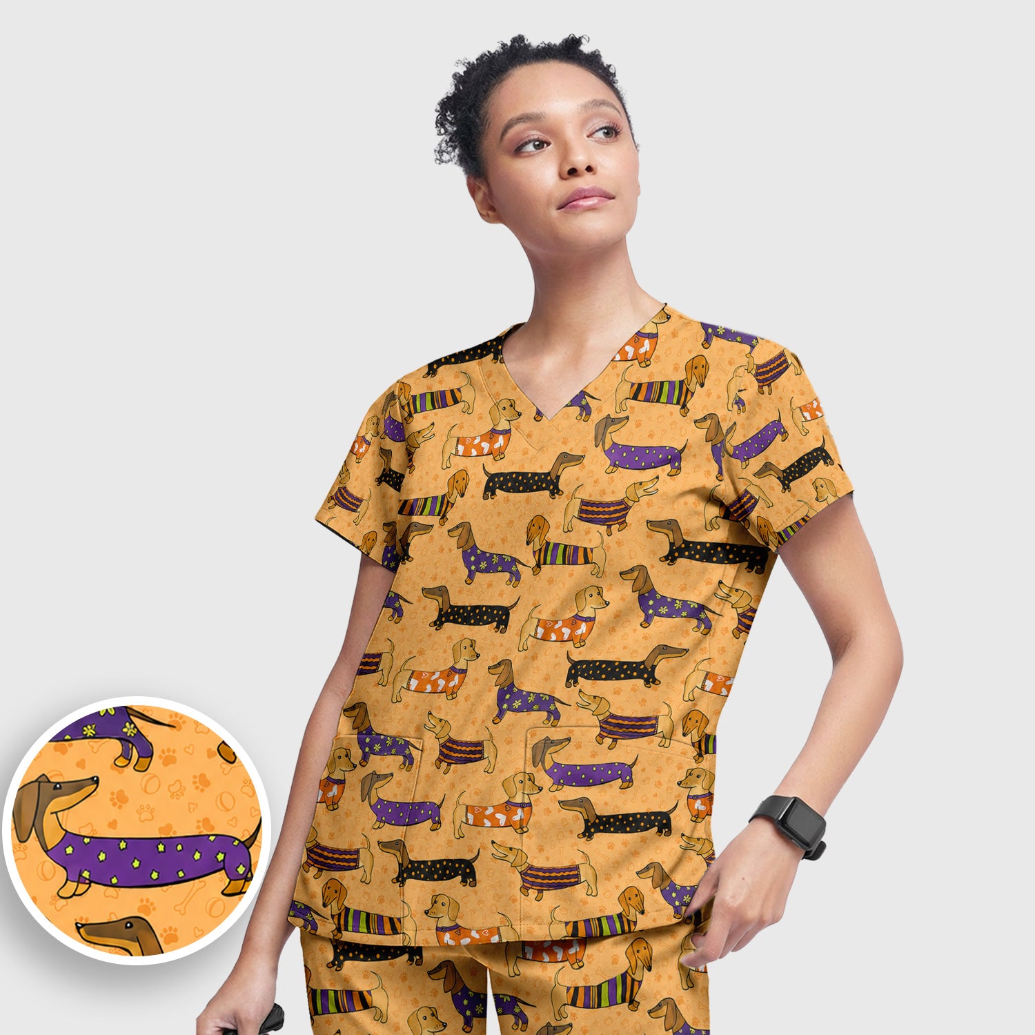 Dachshund with Dog Lover Paw Print Scrub Set, Scrub Pants and V Neck Top