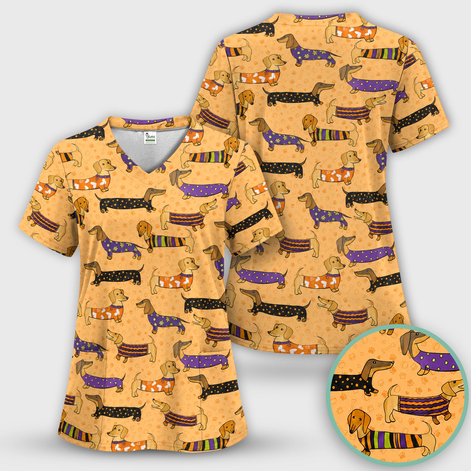 Dachshund with Dog Lover Paw Print Scrub Set, Scrub Pants and V Neck Top