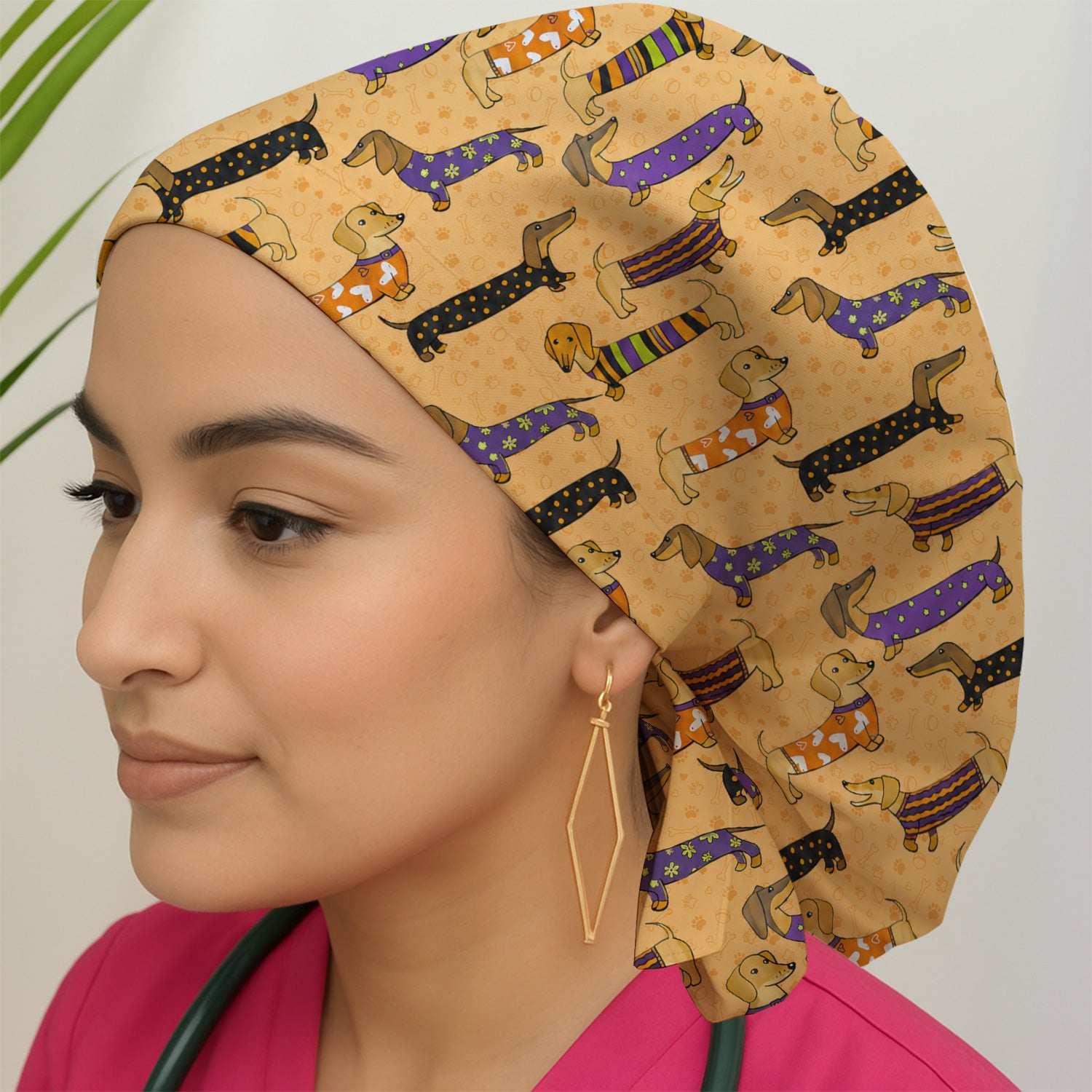 Dachshund with Dog Lover Paw Print Scrub Cap, Surgical Caps for Doctors
