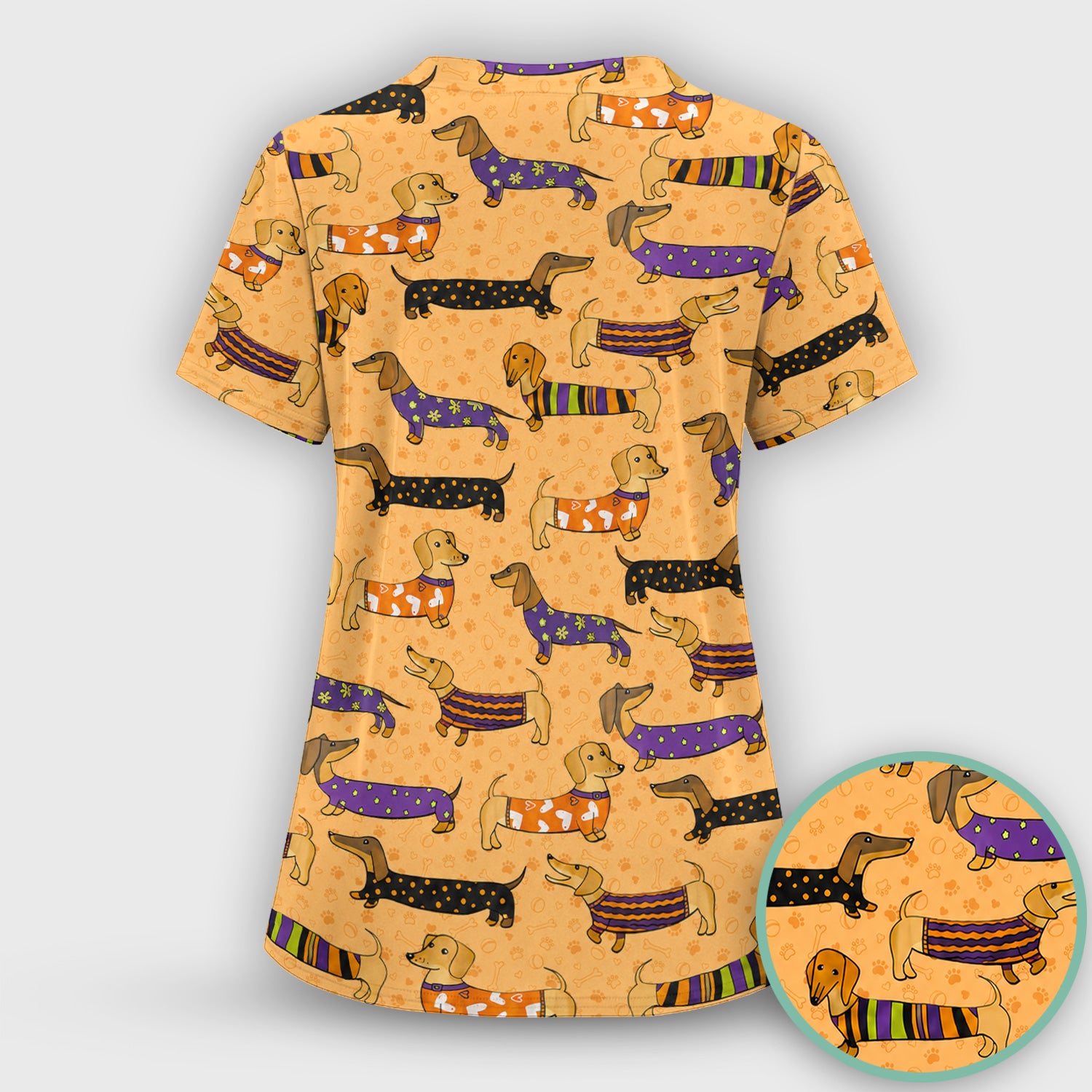 Dachshund with Dog Lover Paw Print Scrub Set, Scrub Pants and V Neck Top