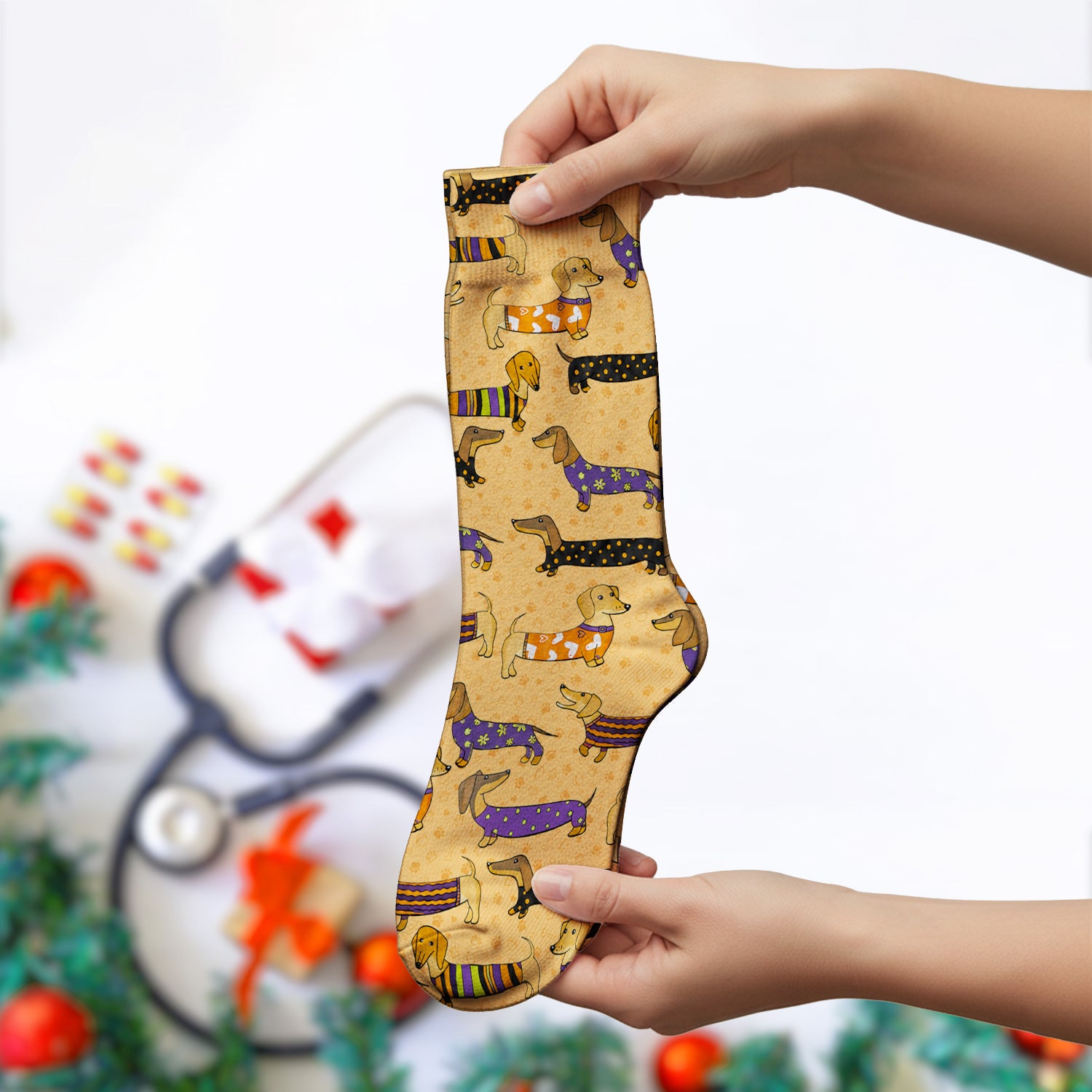 Dachshund with Dog Lover Paw Print Socks, Adult Socks for Men and Women