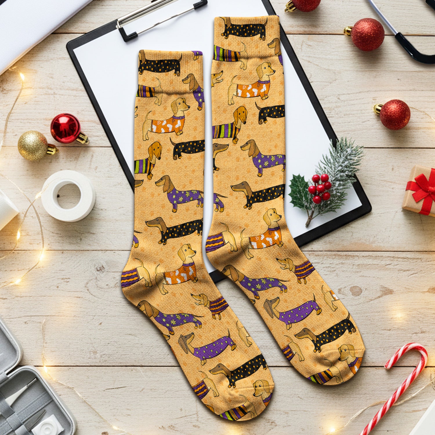Dachshund with Dog Lover Paw Print Socks, Adult Socks for Men and Women