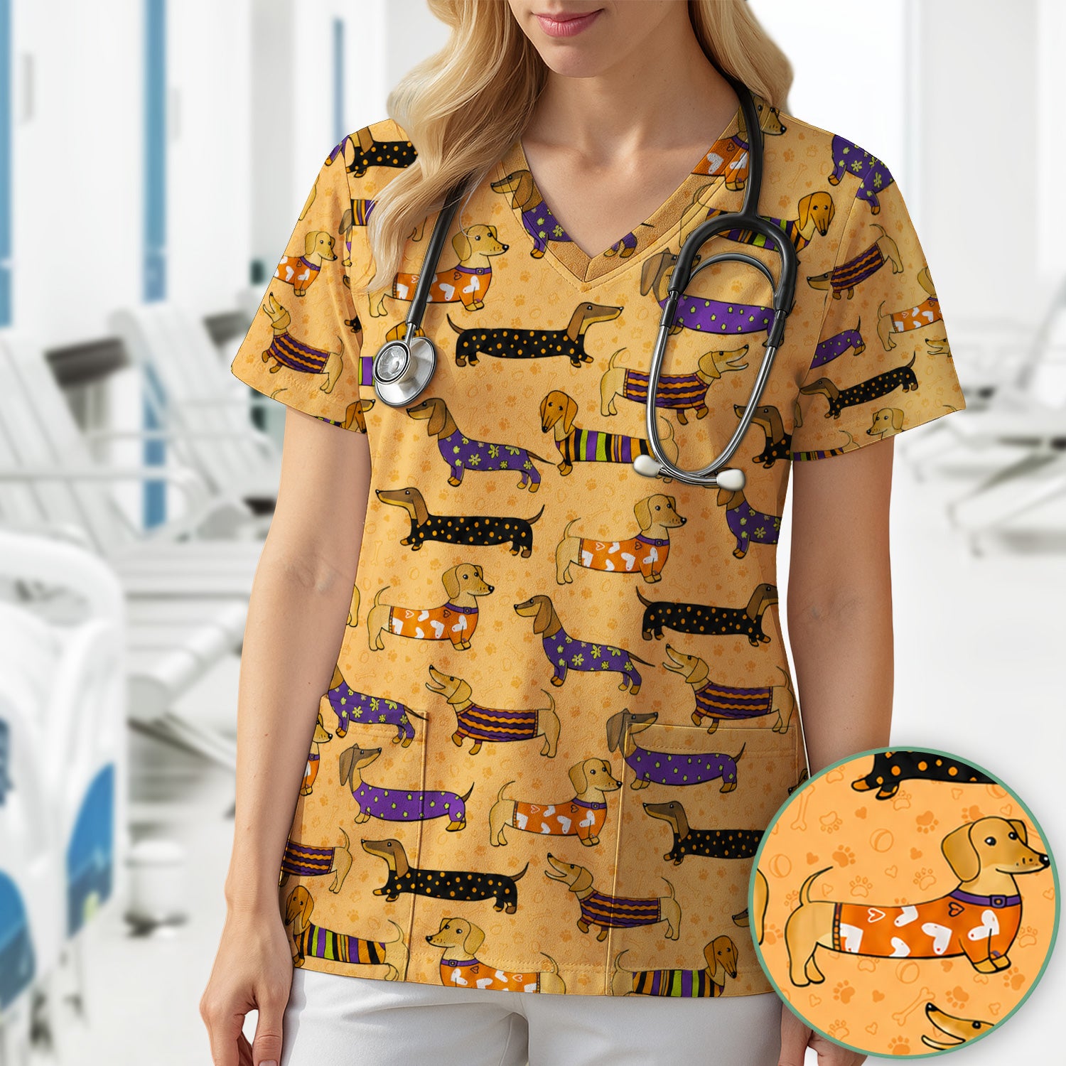Dachshund with Dog Lover Paw Print Scrub Top, Comfortable Scrubs for Nurses