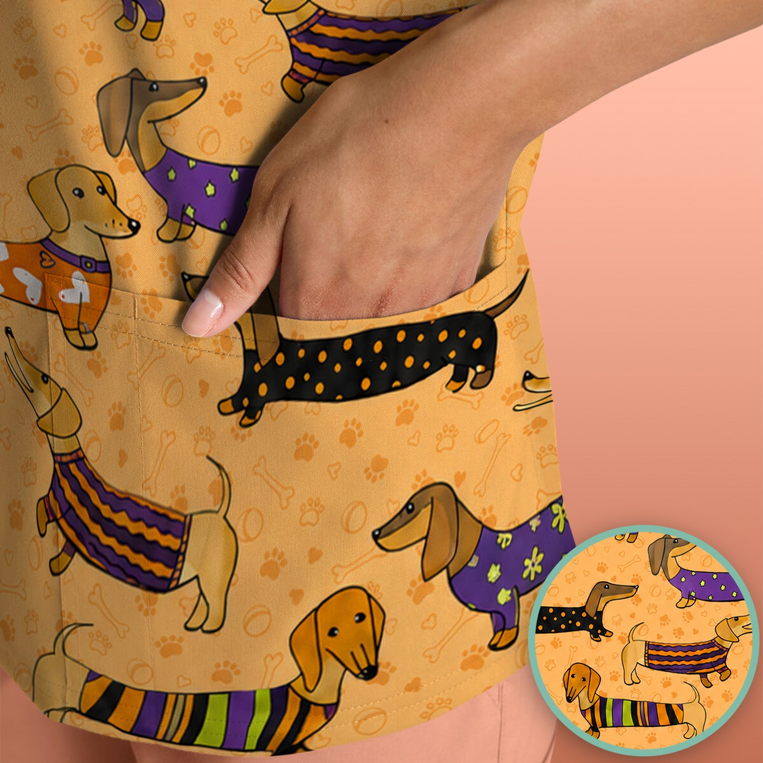 Dachshund with Dog Lover Paw Print Scrub Top, Comfortable Scrubs for Nurses